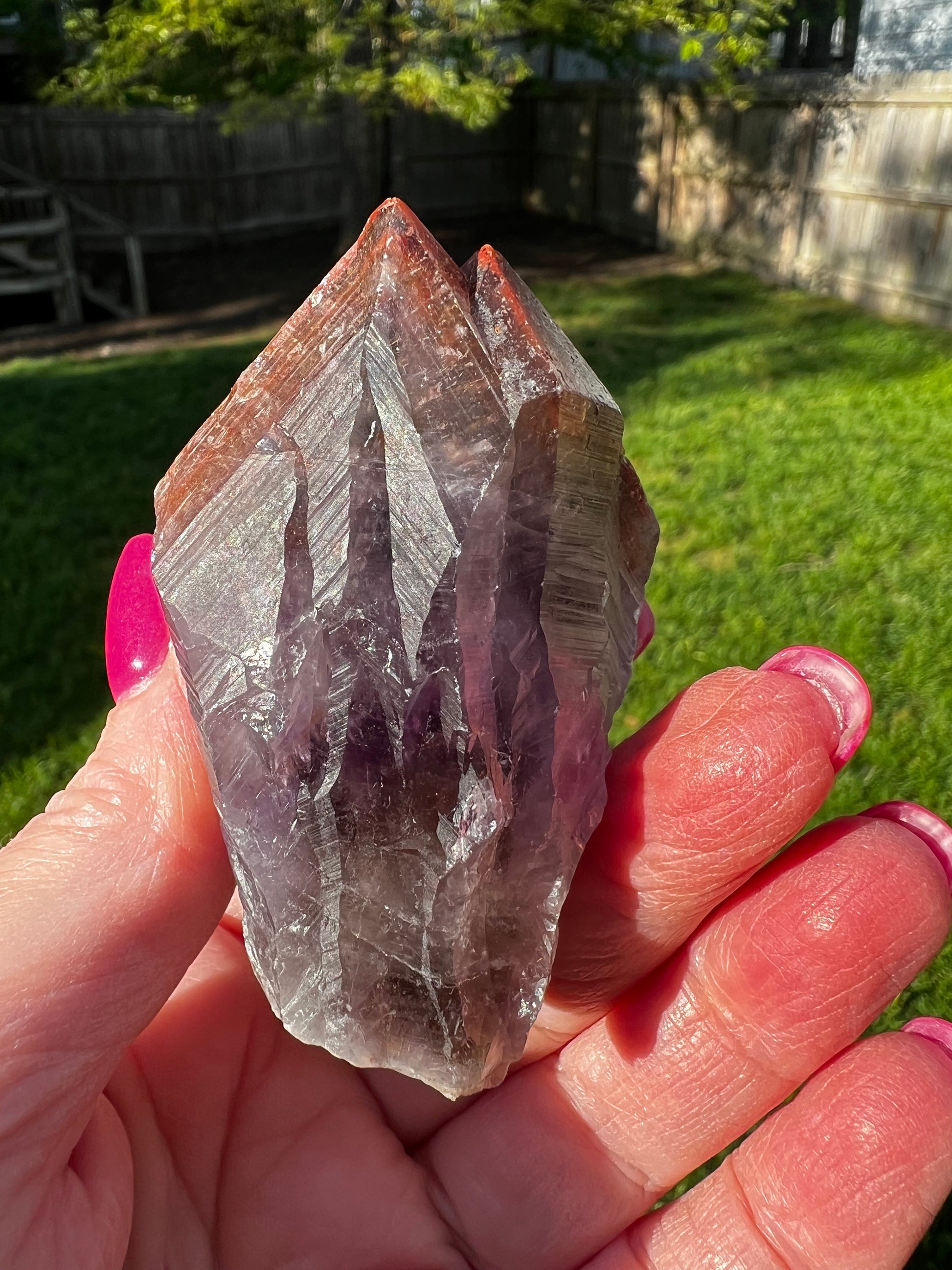 Red Cap Amethyst Point, new, Brazil, crystal healing, high vibration crystals, gifts, palm stone