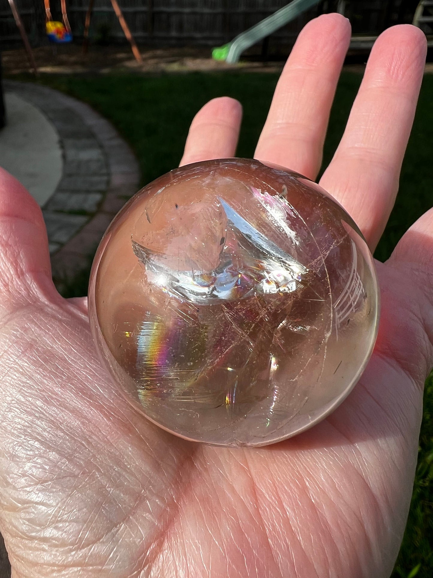 Smoky Lemurian Rainbow Sphere, 6.25” around, New, rainbows, high vibration crystals, Unicorn Rain, gifts