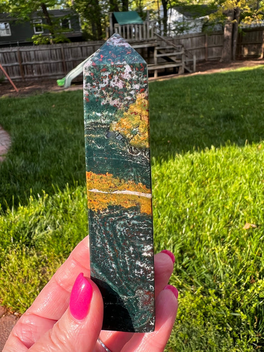 Ocean Jasper Tower, New, beautifully carved for altars, gifts, crystal healing, high vibration crystals 5”