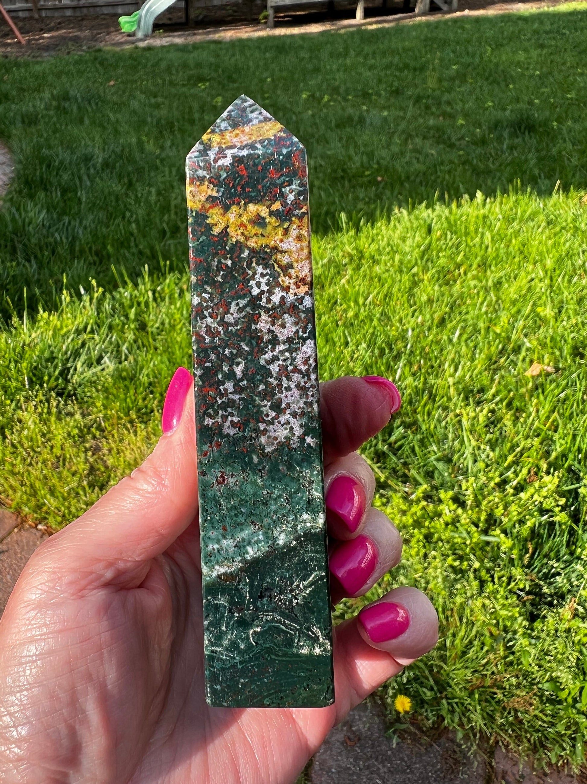 Ocean Jasper Tower, New, beautifully carved for altars, gifts, crystal healing, high vibration crystals 5”