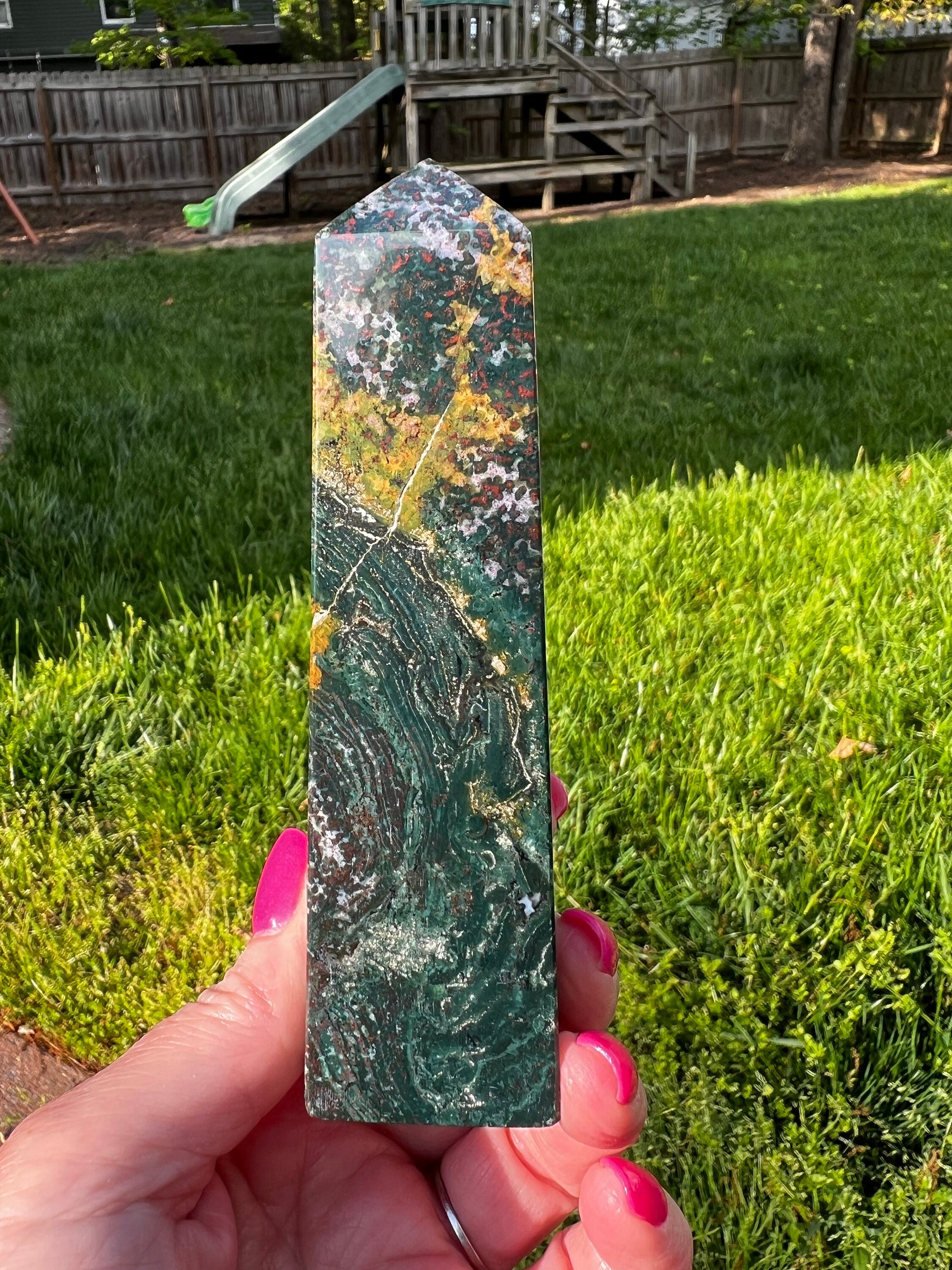 Ocean Jasper Tower, New, beautifully carved for altars, gifts, crystal healing, high vibration crystals 5”