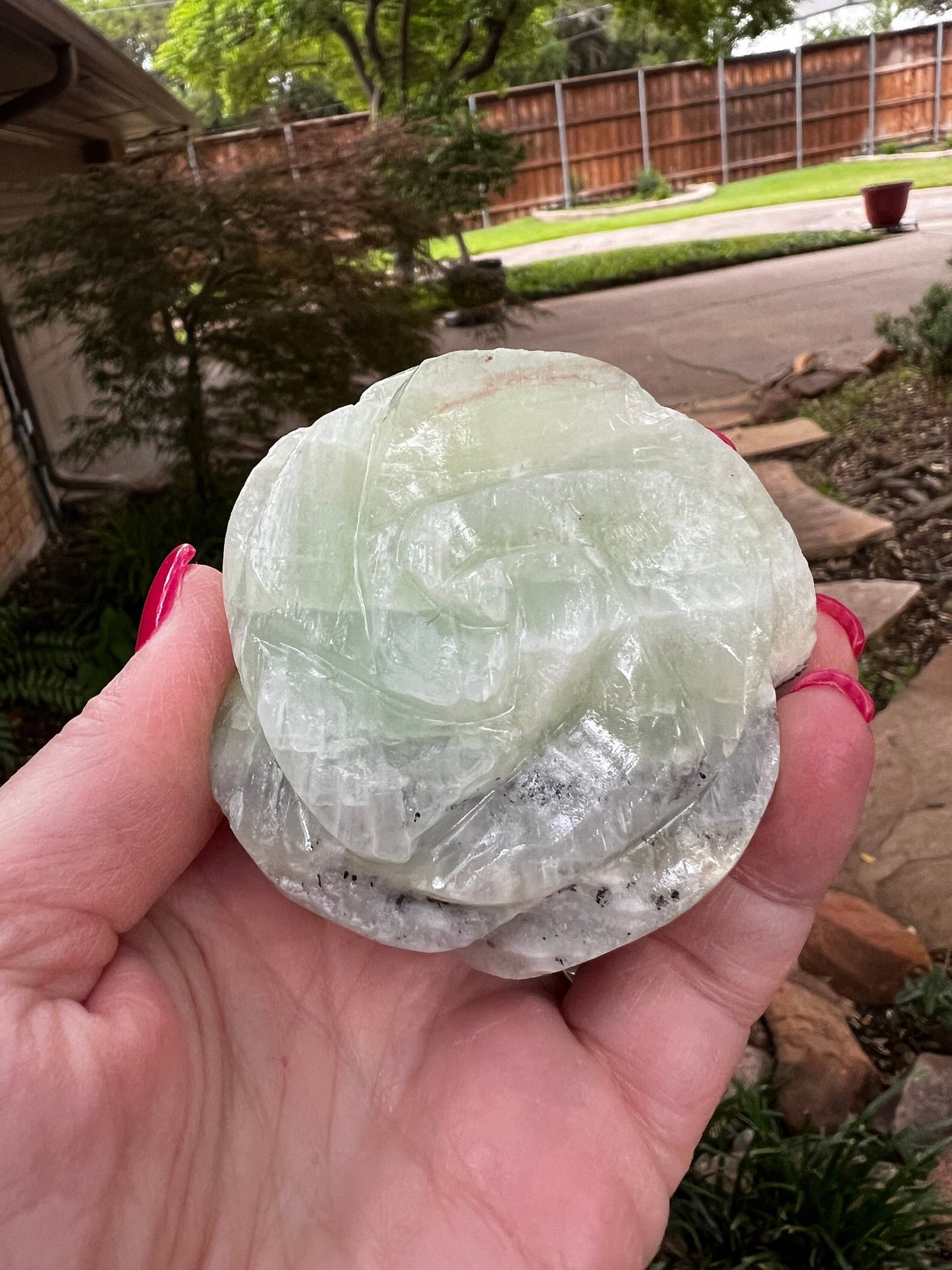 Pistachio Calcite Lotus Palm, 2.5”, new in shop, gifts, altar, tarot, crystals healing, high vibration crystalsh