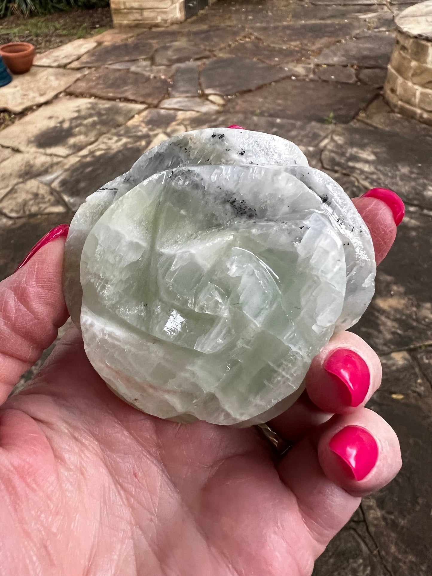 Pistachio Calcite Lotus Palm, 2.5”, new in shop, gifts, altar, tarot, crystals healing, high vibration crystalsh