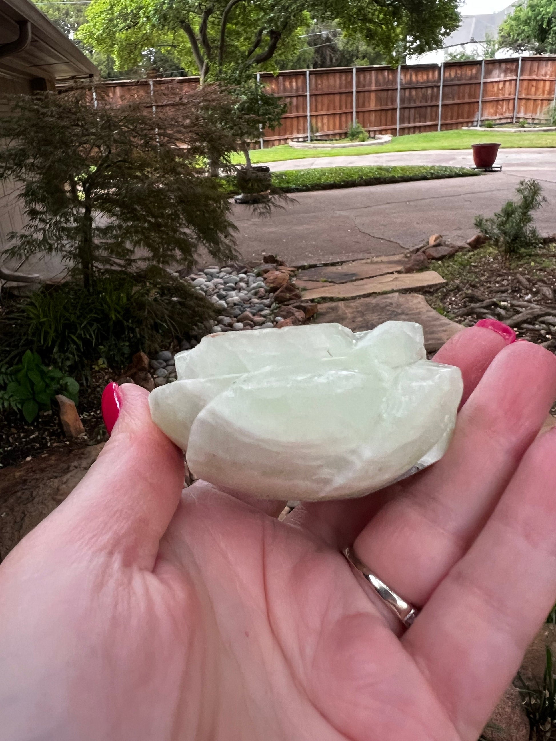 Pistachio Calcite Lotus Palm, 2.5”, new in shop, gifts, altar, tarot, crystals healing, high vibration crystalsh