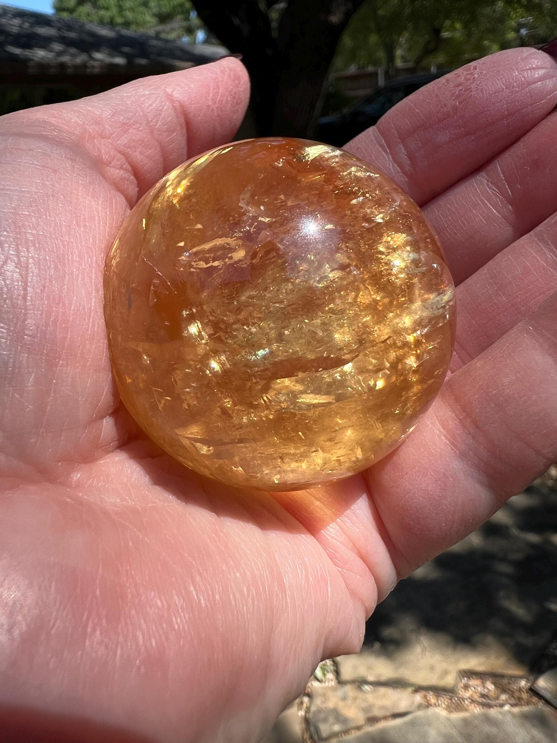 Golden Optical calcite sphere, 5.5”, flash, luminescent, Brazil, high vibration premium crystals