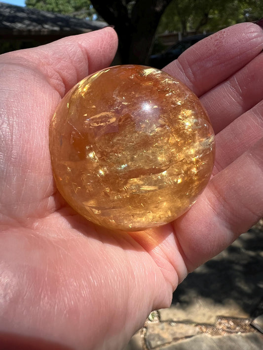 Golden Optical calcite sphere, 5.5”, flash, luminescent, Brazil, high vibration premium crystals