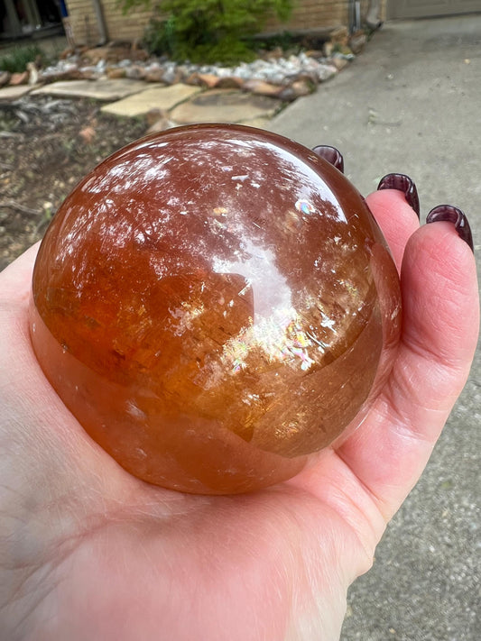 Golden Optical calcite sphere, 8.5”, flash, luminescent, Brazil, high vibration premium crystals