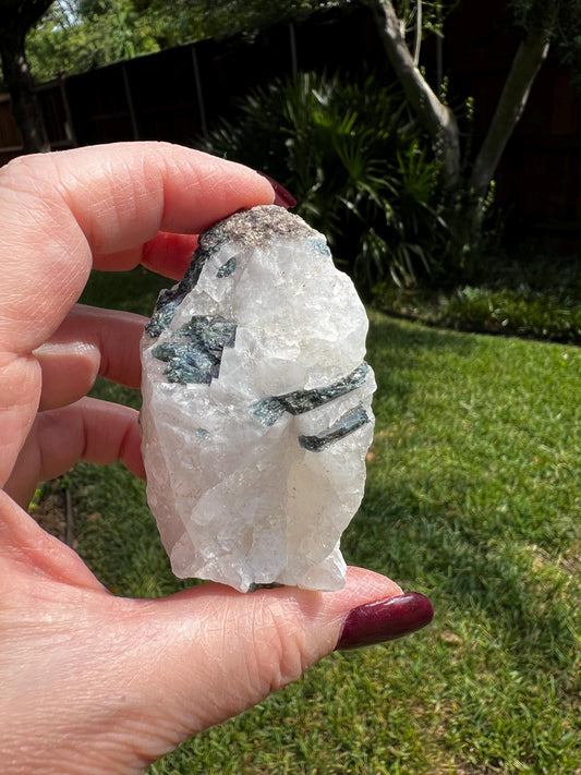 Green Tourmaline in Quartz with inner rod, stunning raw altar piece 3.8 oz, high vibration crystals, 2.5”