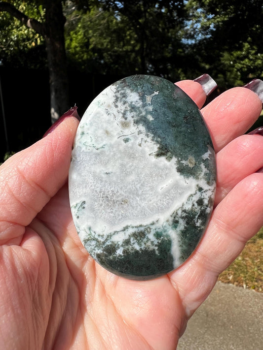 Moss Agate Palm Stone, Private Collection, 2.6”, gift, altar, crystal healing