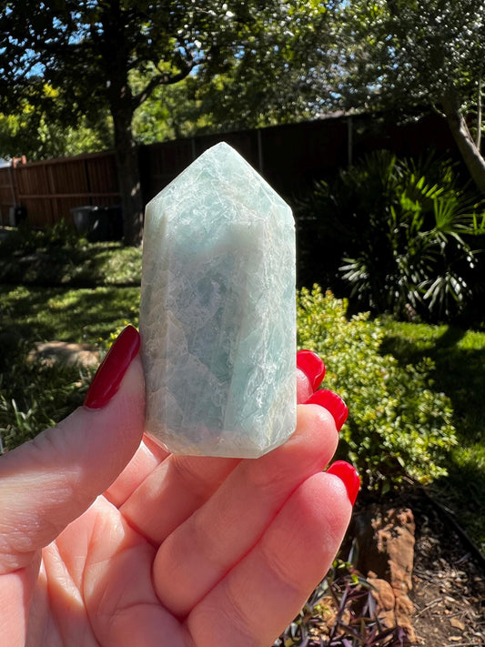 Aquamarine Tower, palm stone, beautiful carving, new, altar, gifts, meditation, high vibration crystals