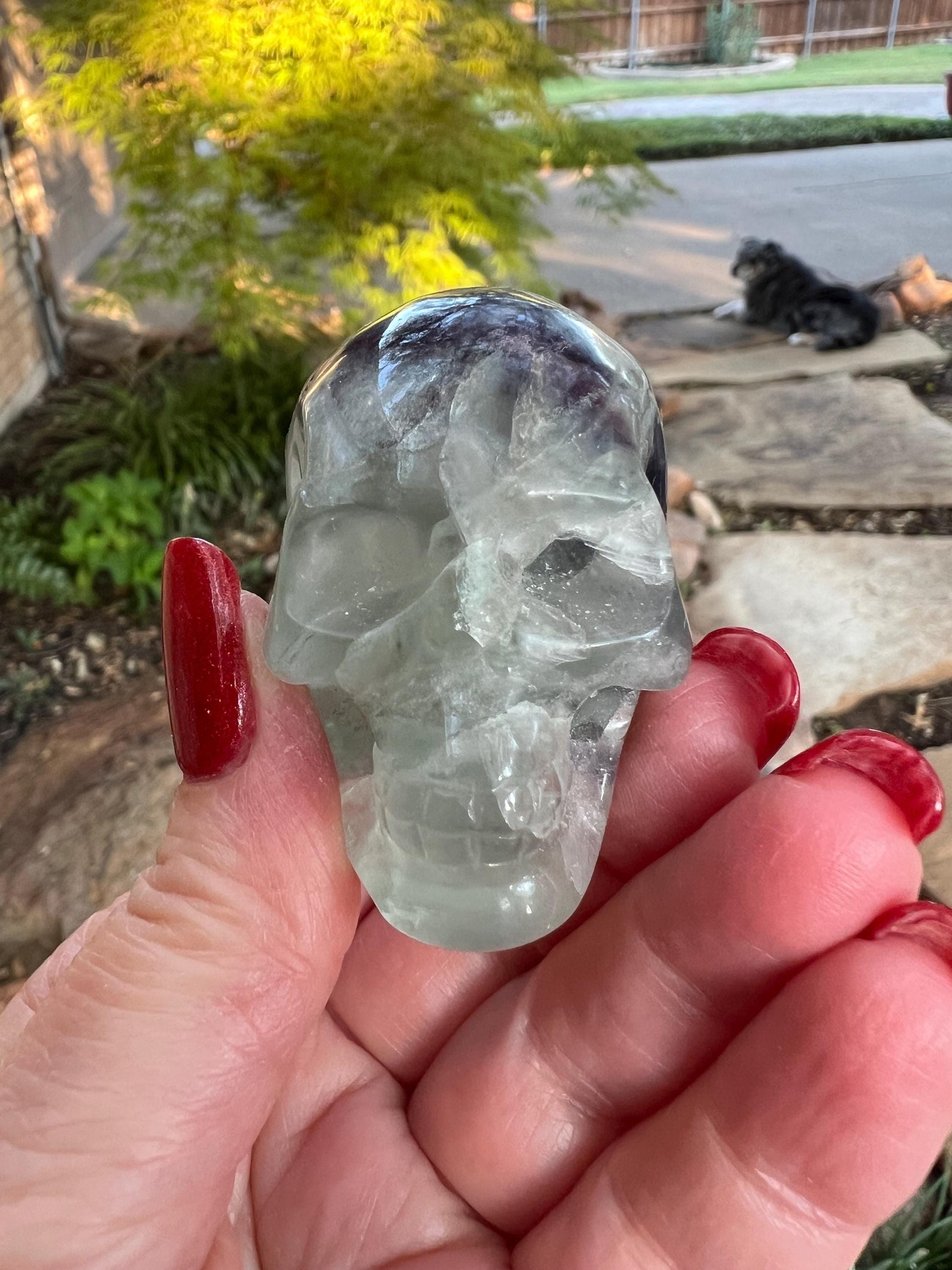 Green Purple Fluorite Skull, authentic, 2”, healing crystals, high vibration, chipped