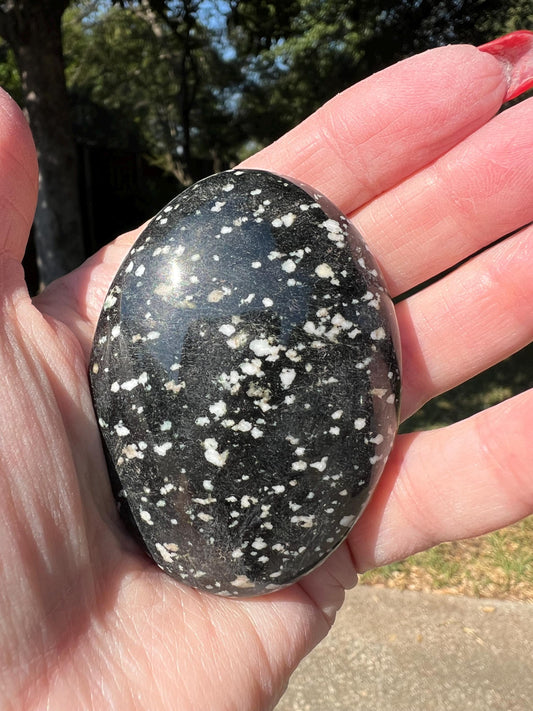 Large Snowflake Obsidian Palm Stone, 2.5”, gift, altar, high frequency crystals