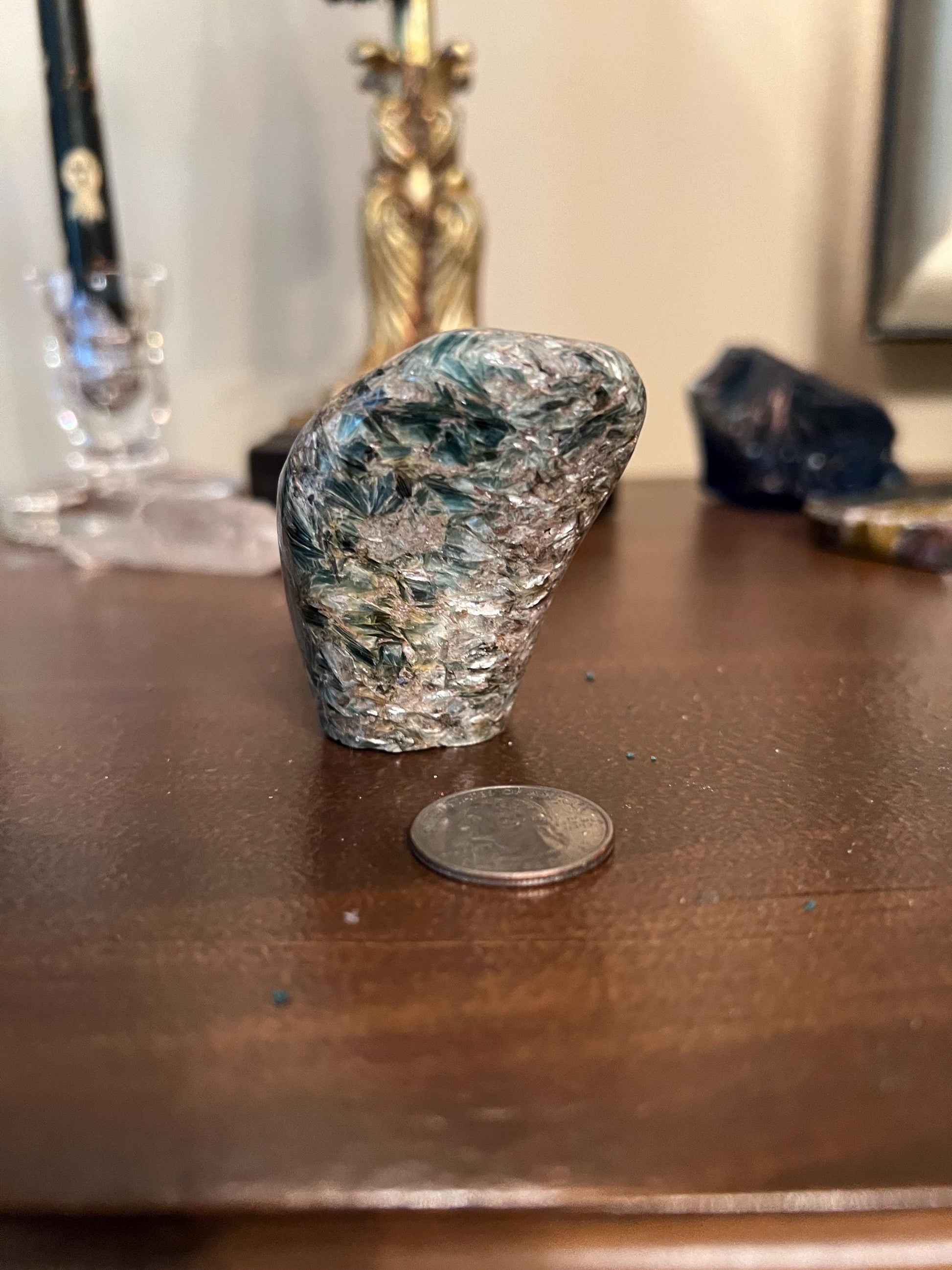 Green Kyanite Palm Stone, astonishing color, rare, 2.5”, gifts, tarot, crystal healing