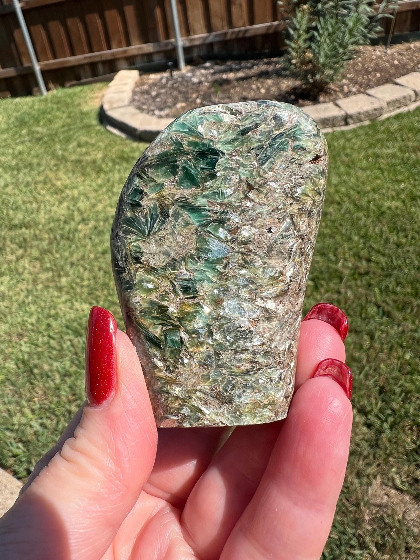 Green Kyanite Palm Stone, astonishing color, rare, 2.5”, gifts, tarot, crystal healing