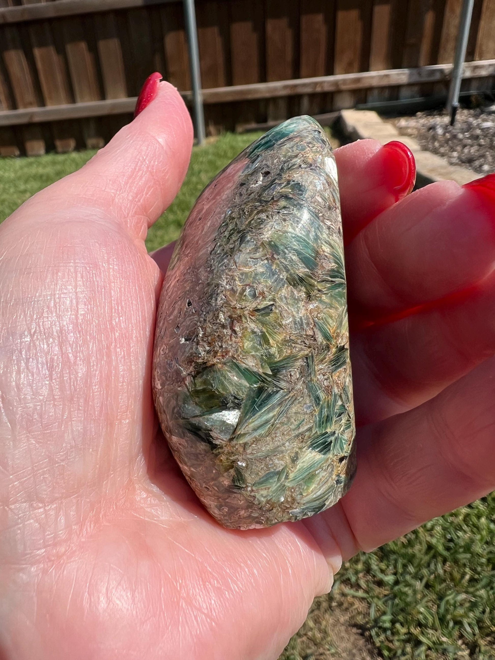 Green Kyanite Palm Stone, astonishing color, rare, 2.5”, gifts, tarot, crystal healing