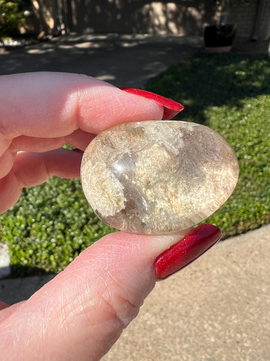 Shamanic Dream Quartz Lens, Lodolite, new, palm stone, high vibration crystal healing, gifts, 1.25”