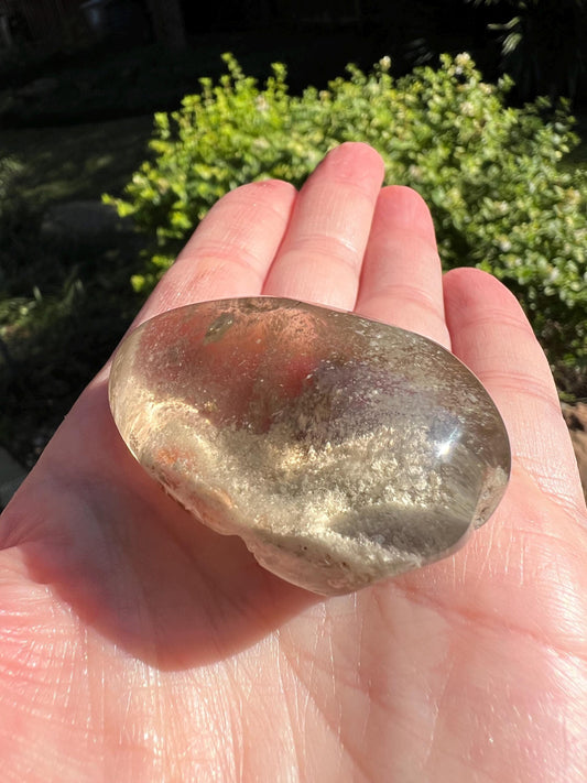 Shamanic Dream Quartz Lens, Lodolite, new, palm stone, high vibration crystal healing, gifts, 1.75”