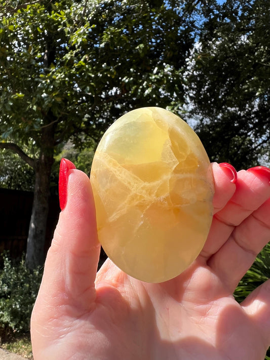 Sunny Lemon Calcite Palm, 2.75”, Palm Stone, High Vibration Crystal Healing, altar