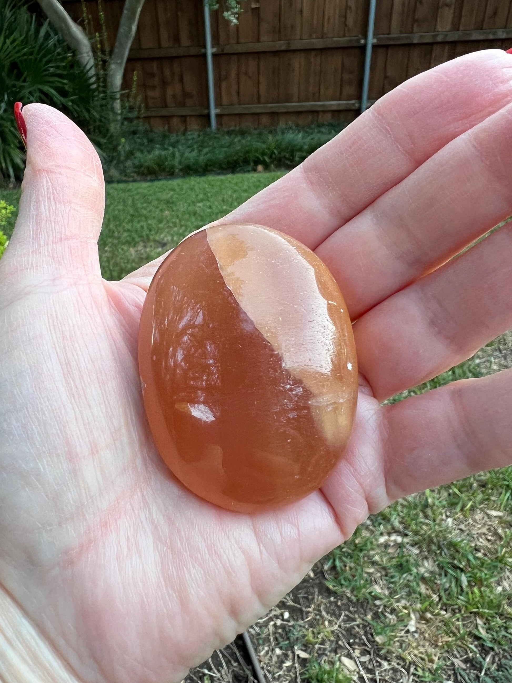 Honey Calcite Palm Stone, 2.25”, beautiful carving, high-frequency crystals