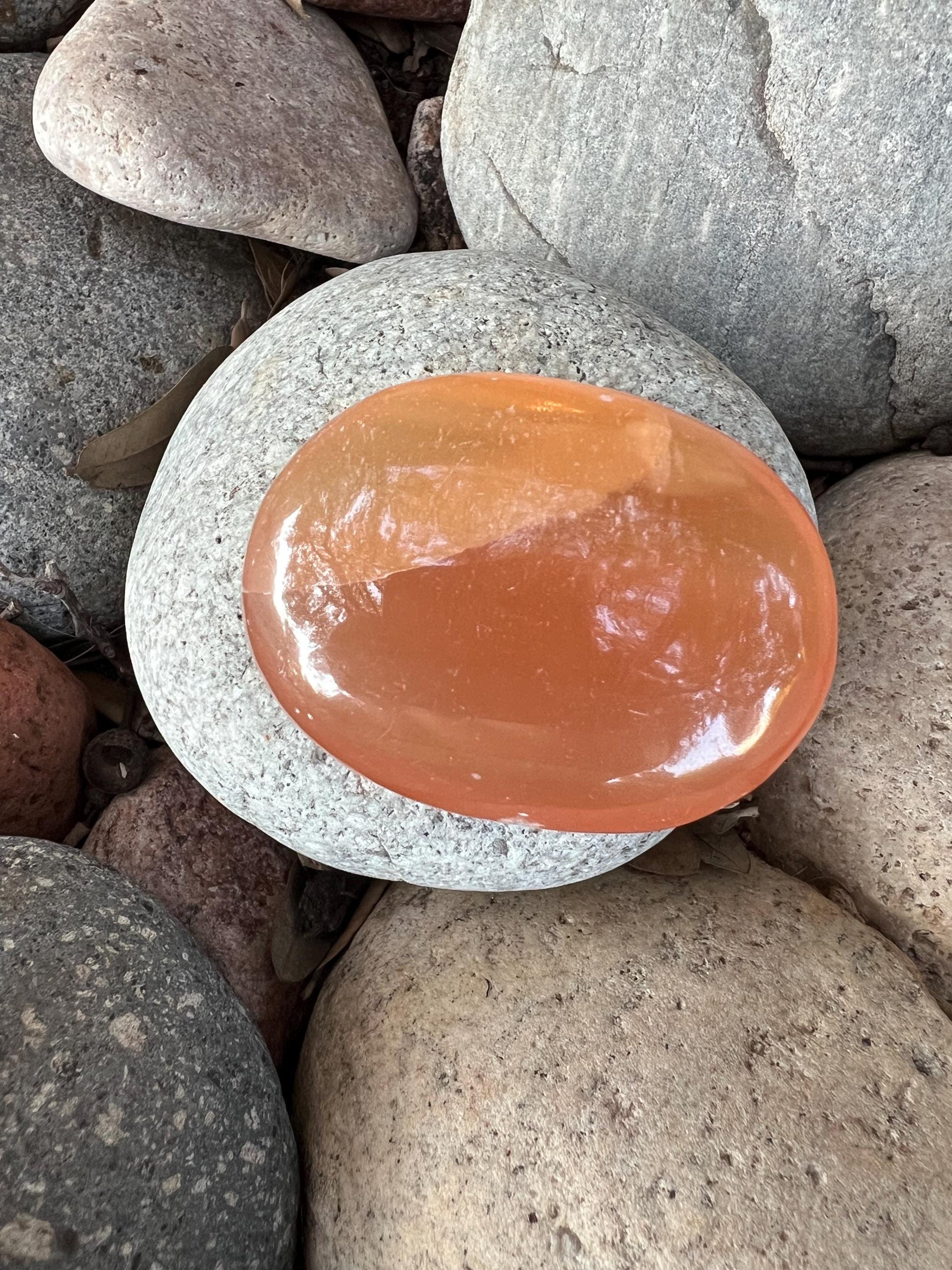 Honey Calcite Palm Stone, 2.25”, beautiful carving, high-frequency crystals