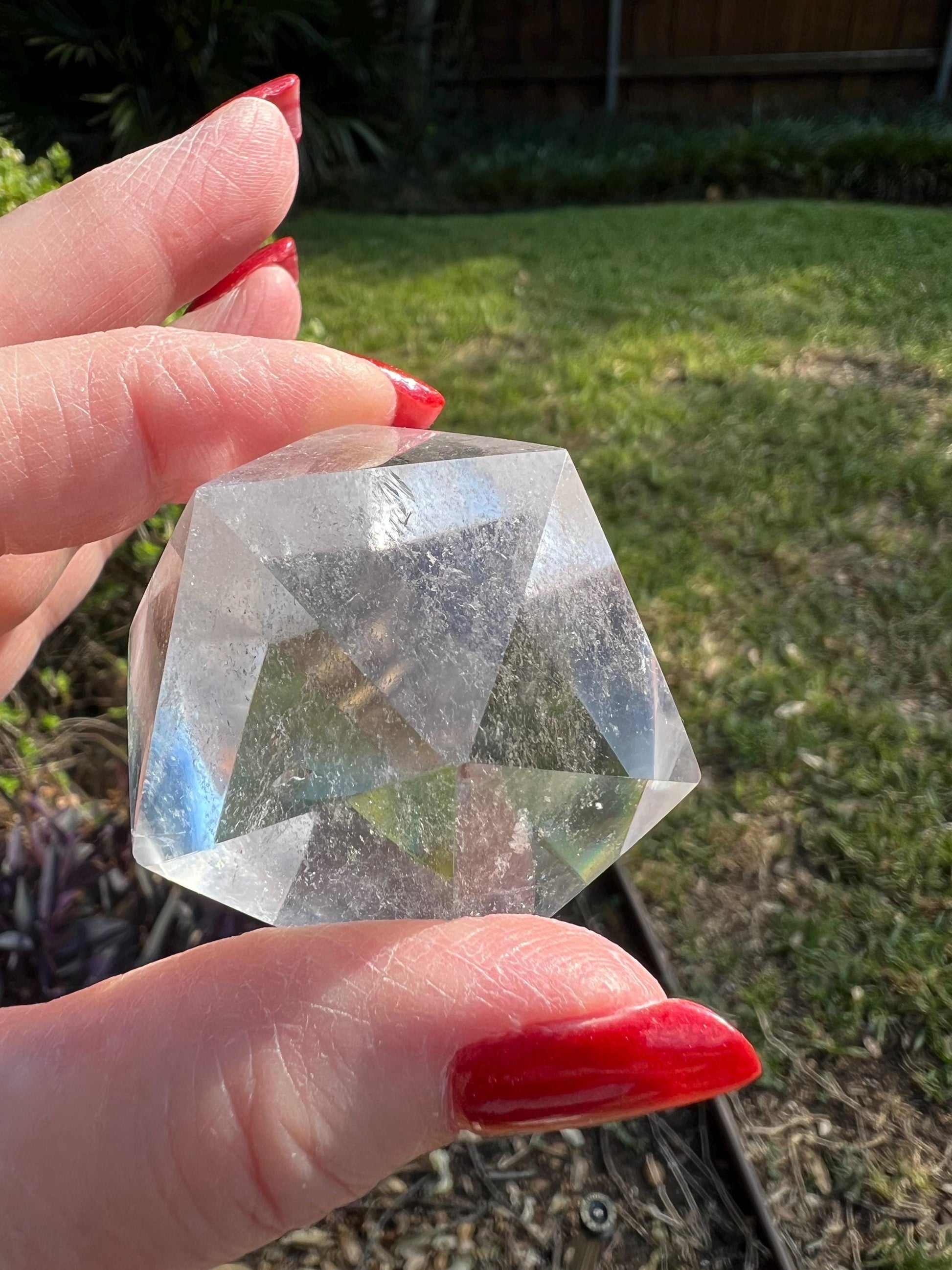 Lemurian Dodecahedron Triangles, Polished cut carving, 2”, rainbows, fine Lemurian healing magick crystal, high vibration crystals