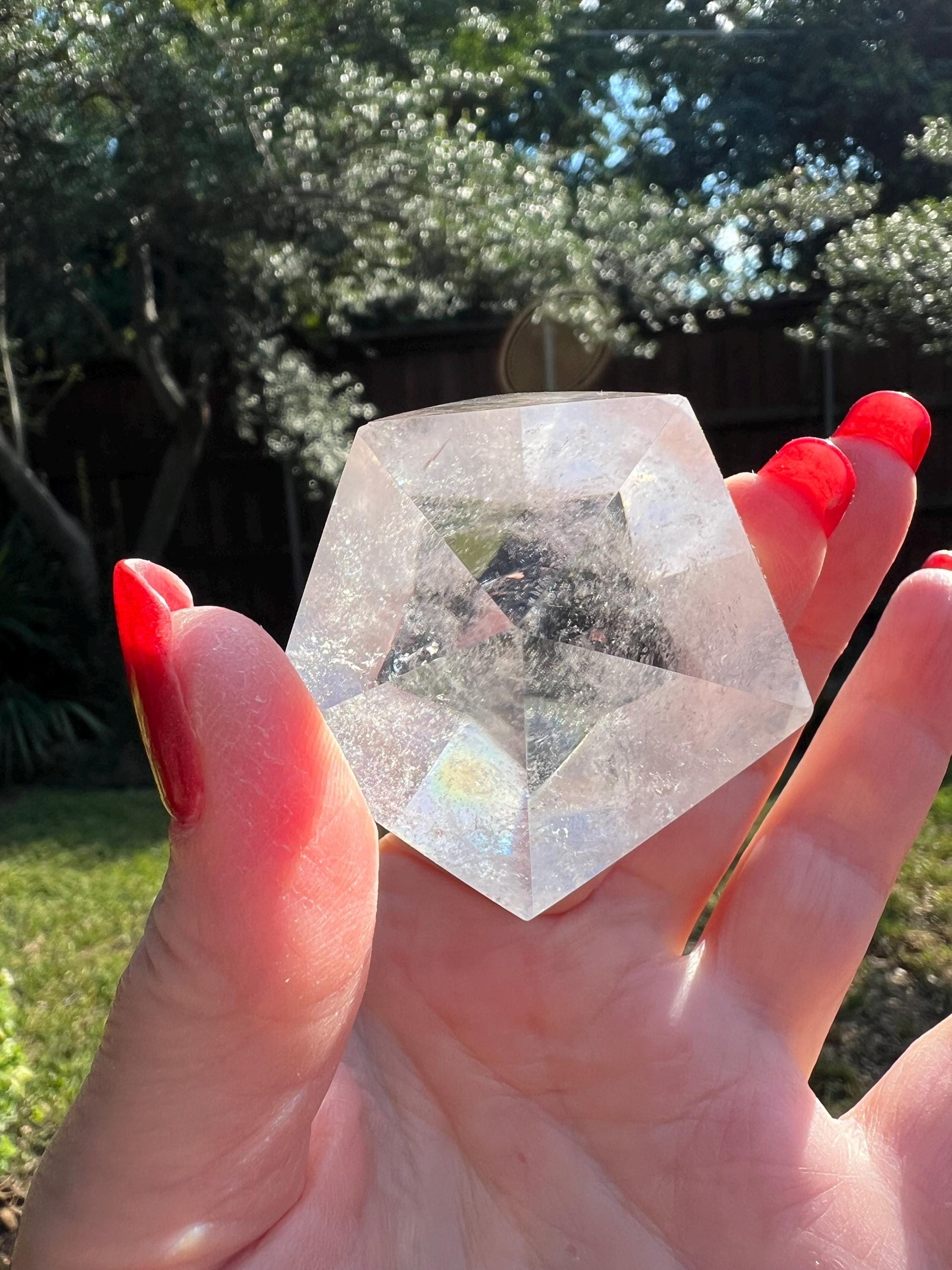 Lemurian Dodecahedron Triangles, Polished cut carving, 2”, rainbows, fine Lemurian healing magick crystal, high vibration crystals