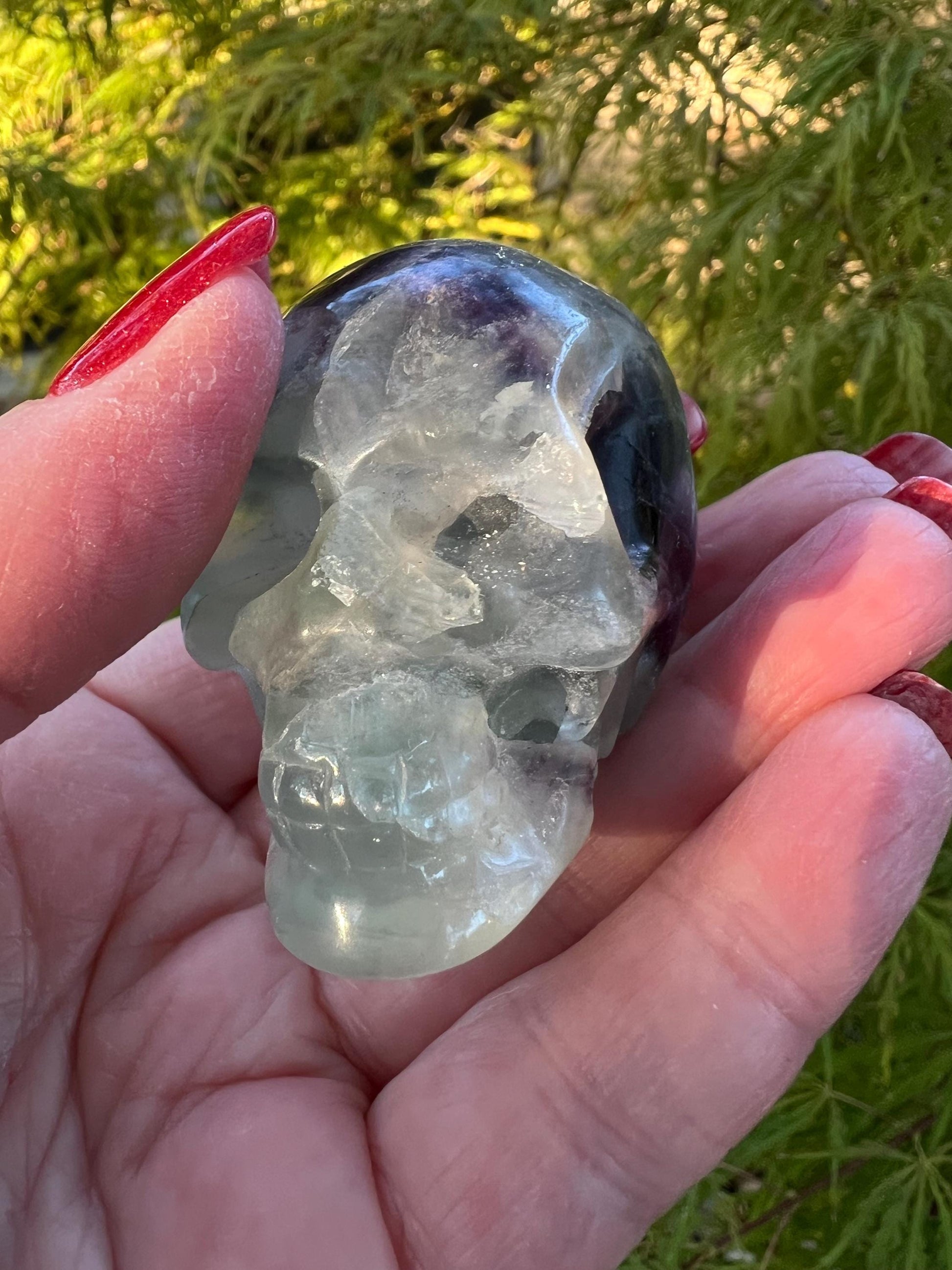 Green Purple Fluorite Skull, authentic, 2”, healing crystals, high vibration, chipped