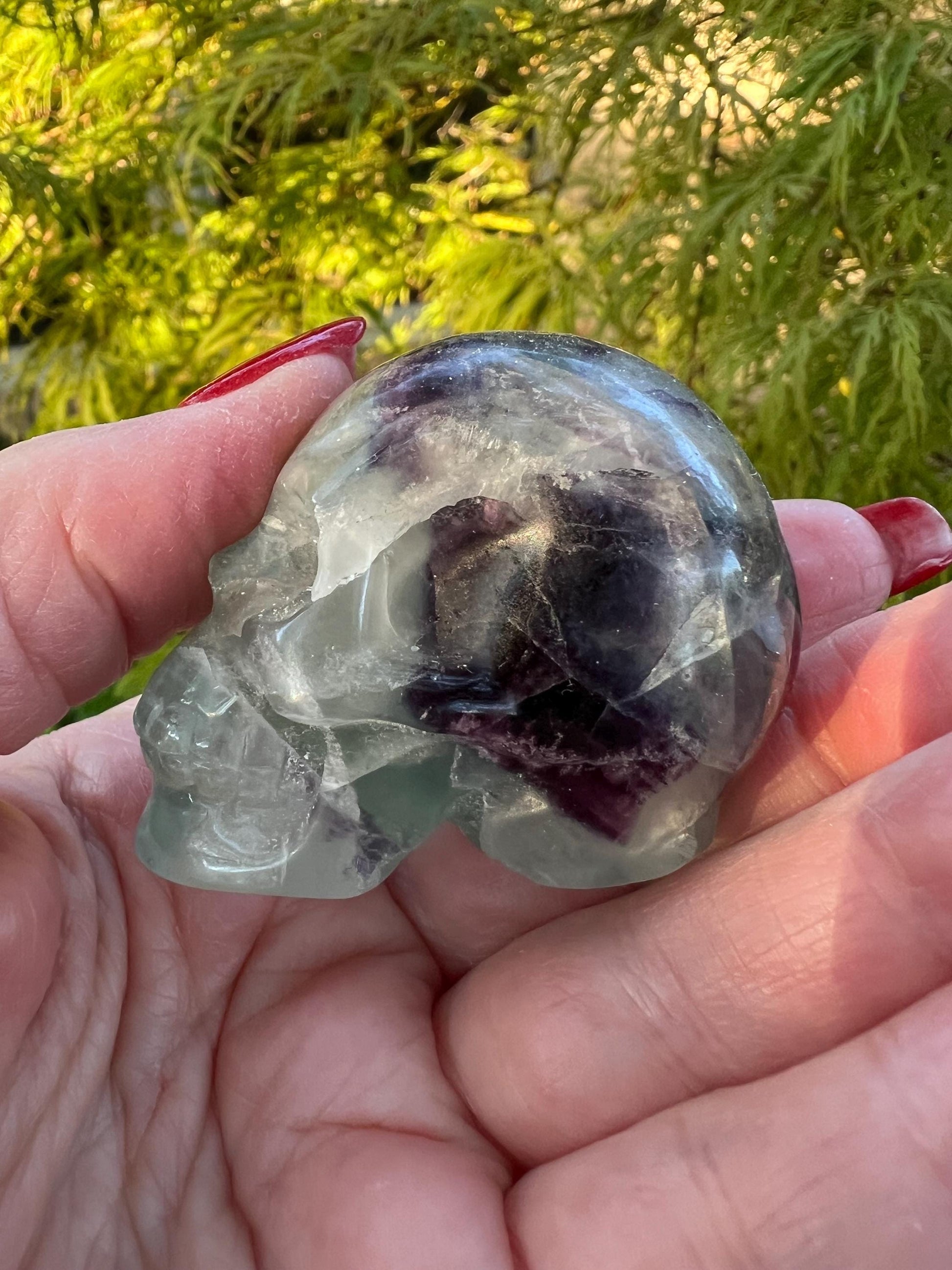 Green Purple Fluorite Skull, authentic, 2”, healing crystals, high vibration, chipped