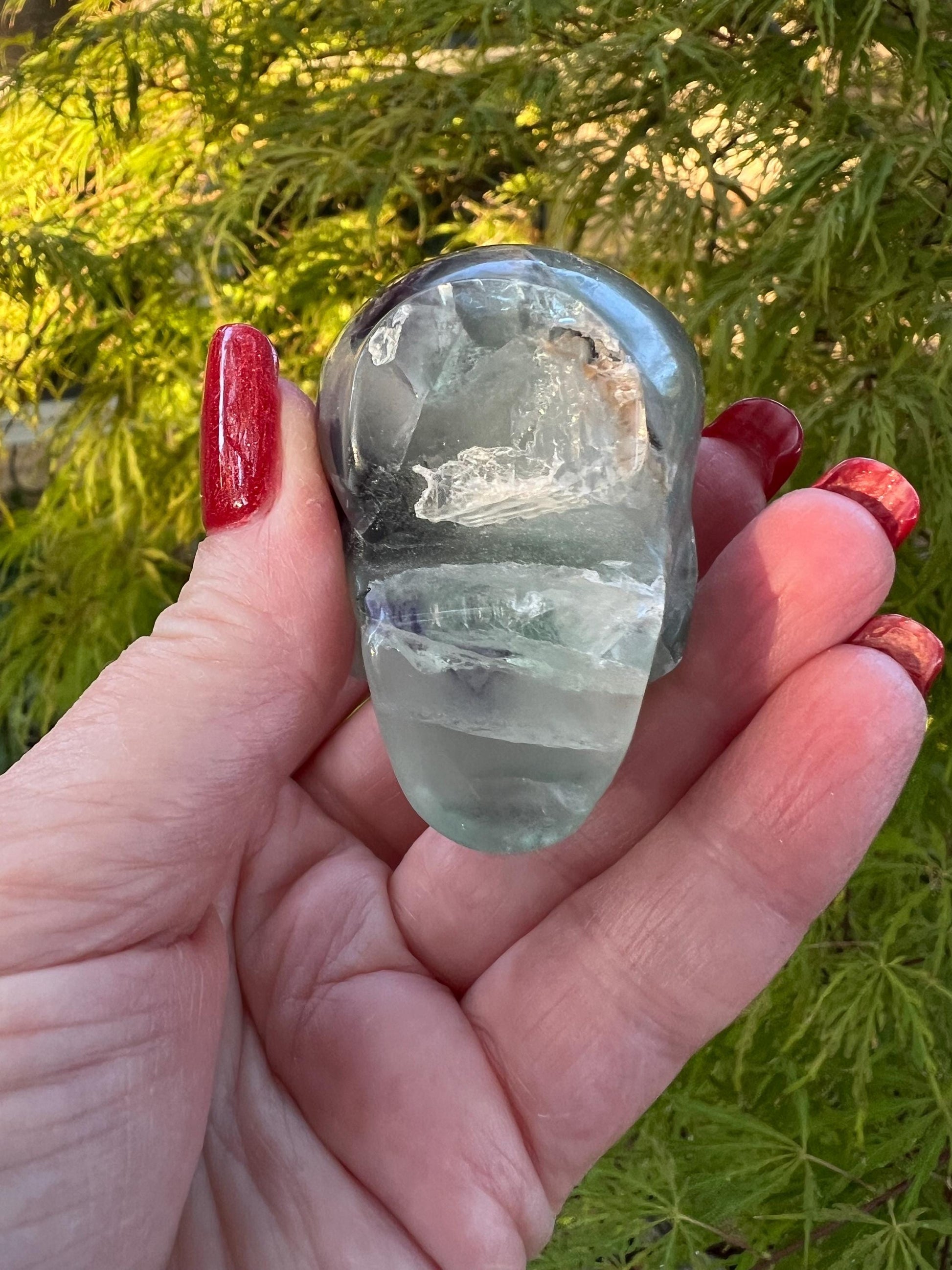 Green Purple Fluorite Skull, authentic, 2”, healing crystals, high vibration, chipped