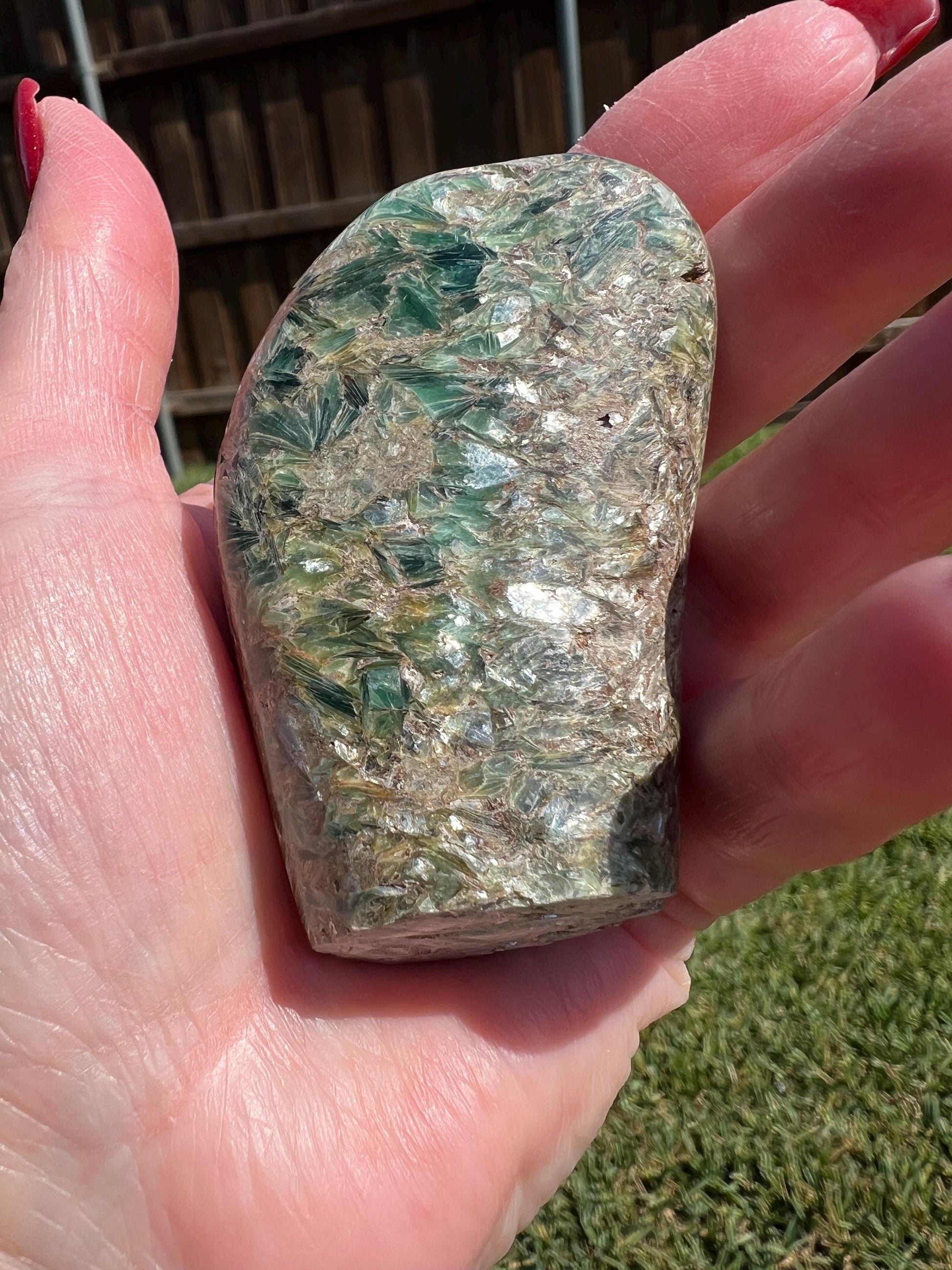 Green Kyanite Palm Stone, astonishing color, rare, 2.5”, gifts, tarot, crystal healing