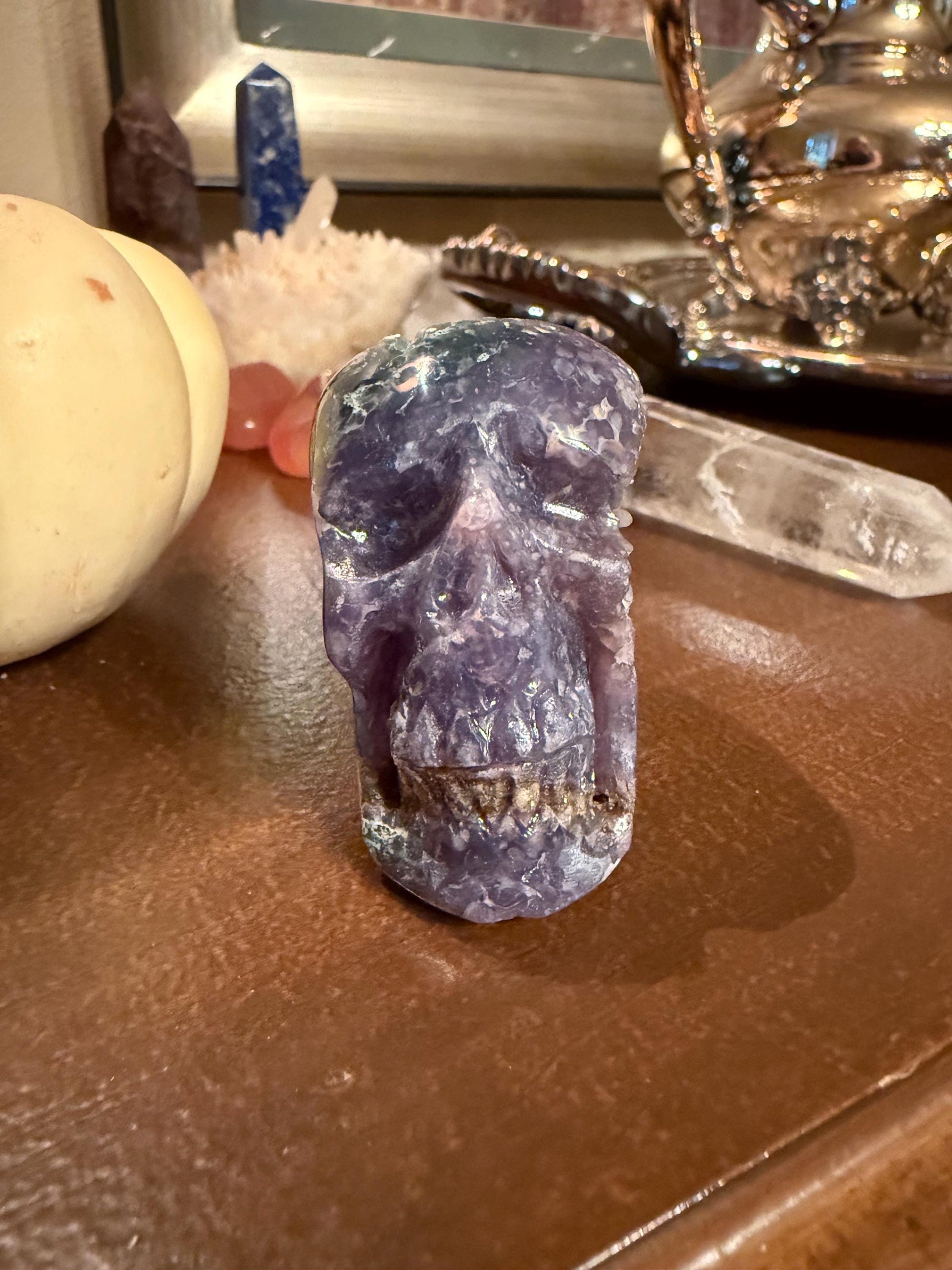 Grape Agate skull, 2”, 4.6 ounces, new, gift, altar, crystals, high vibration crystals, statement piece, rare