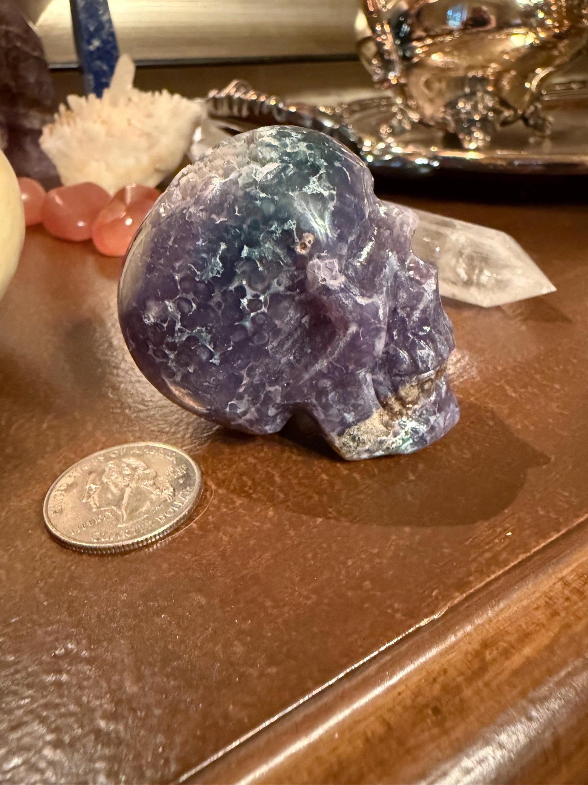 Grape Agate skull, 2”, 4.6 ounces, new, gift, altar, crystals, high vibration crystals, statement piece, rare