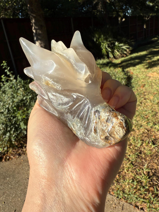 Merlinite Druzy Fern Agate Skull, 4.25”, 14.7 ounces, beautiful crystals, high vibration skull, carving, gifts, altar