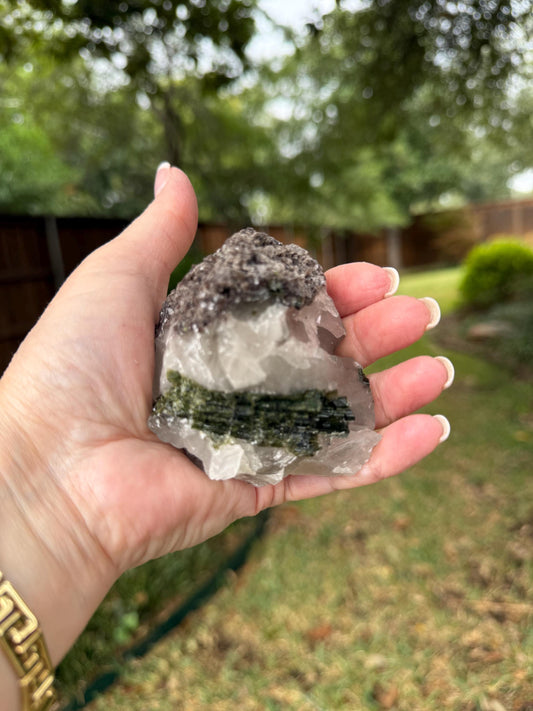 Large Green Tourmaline lepidolite sparkly fairy bed, high vibration crystals, 3”