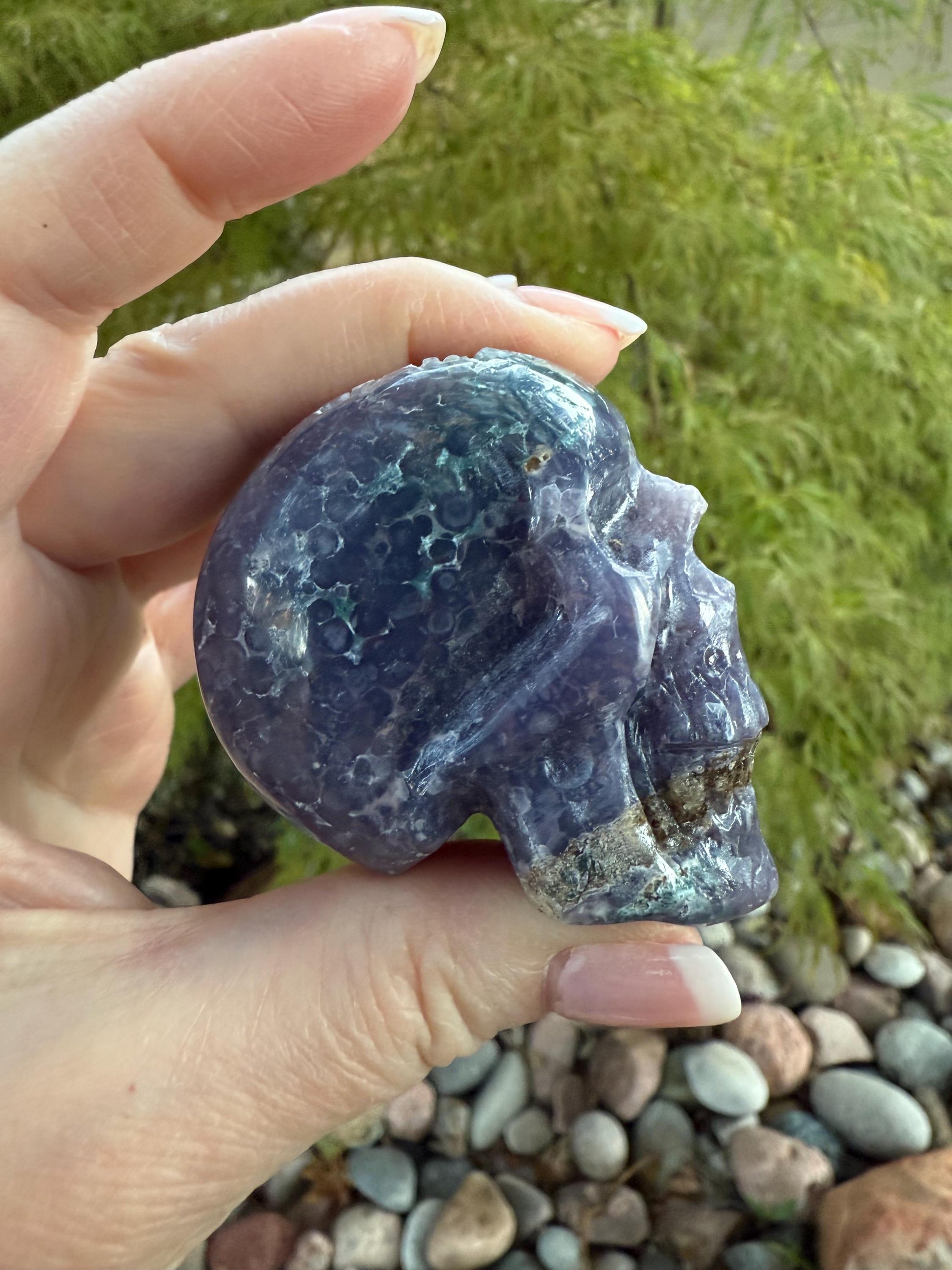 Grape Agate skull, 2”, 4.6 ounces, new, gift, altar, crystals, high vibration crystals, statement piece, rare