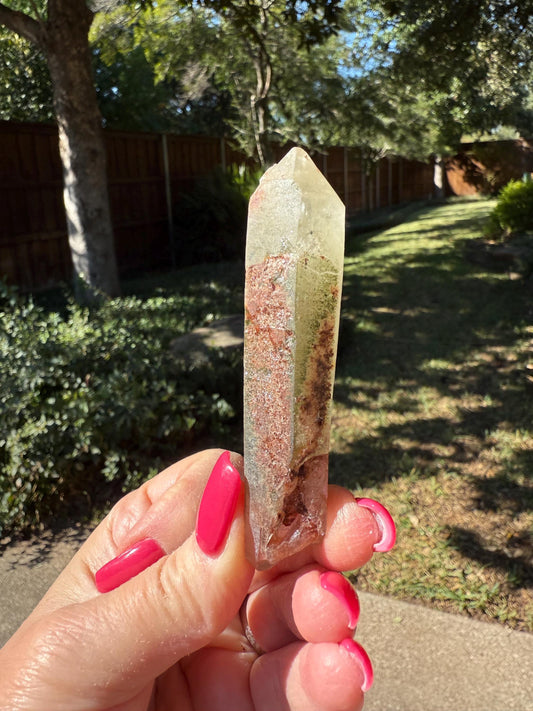 Strawberry Pink Mint Lemurian DT wand, new, high quality, striations, crystal healing, 3.5”, hematite, chlorite premium