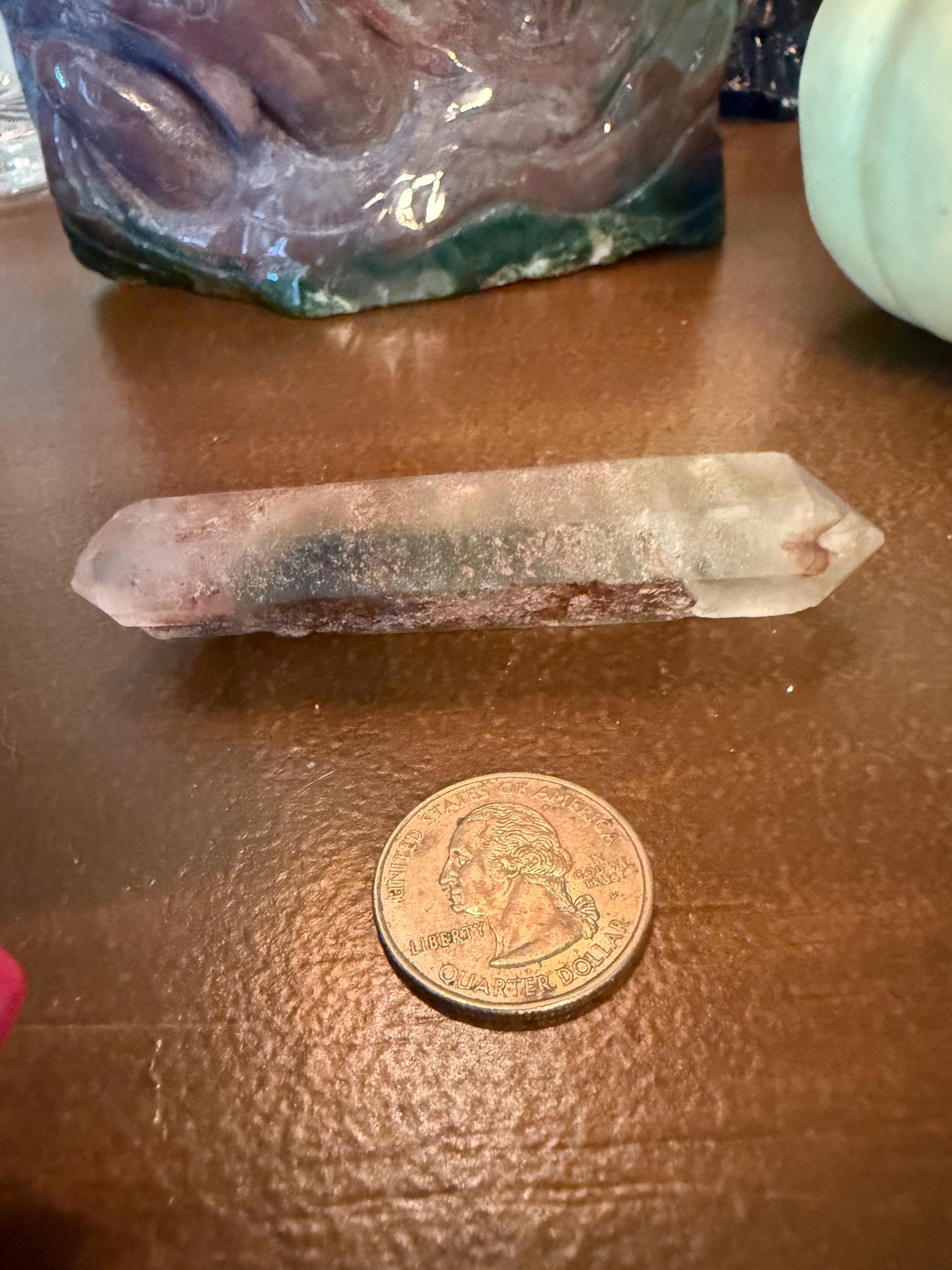 Strawberry Pink Mint Lemurian DT wand, new, high quality, striations, crystal healing, 3.5”, hematite, chlorite premium