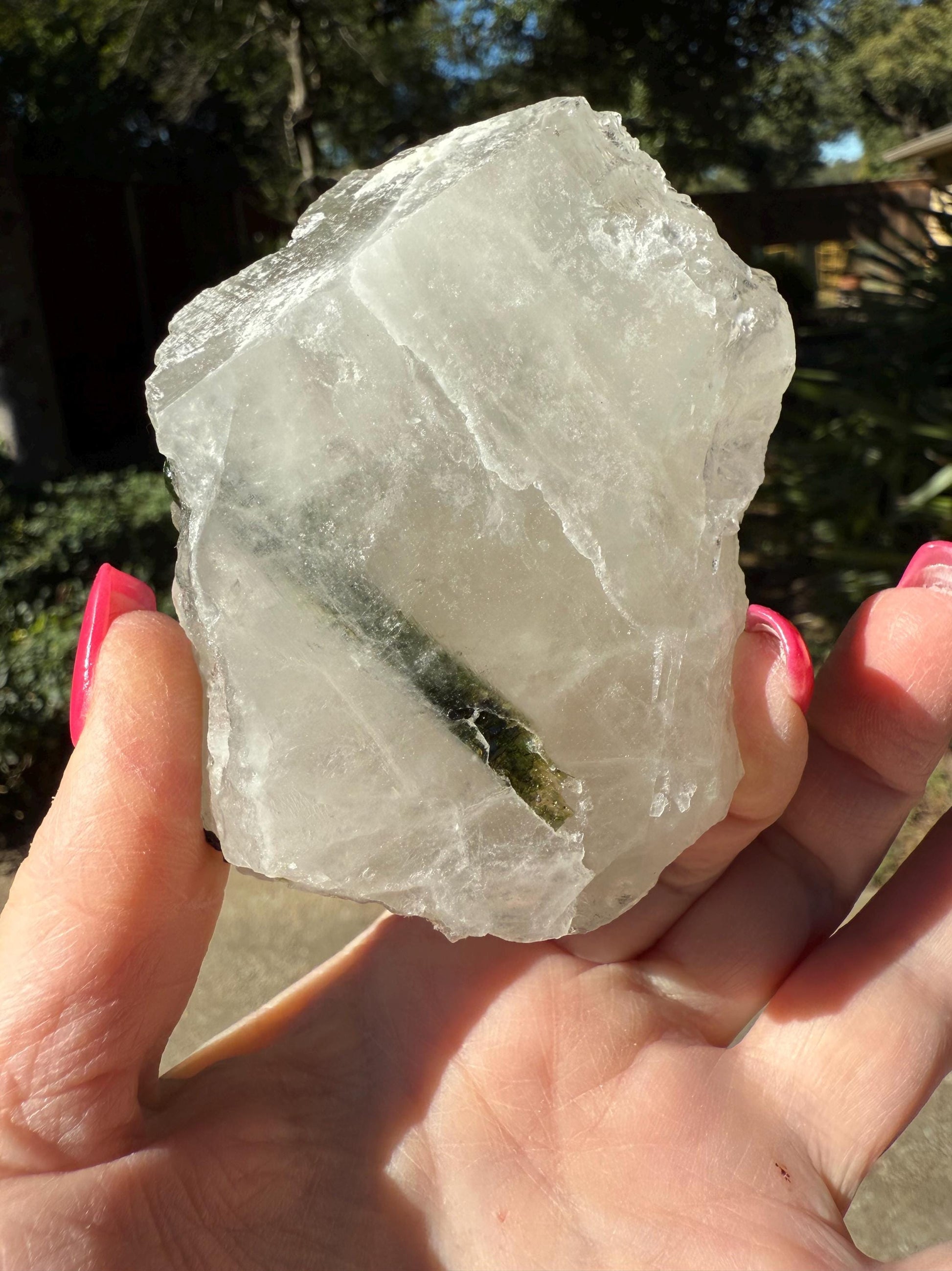 Large Green Tourmaline in Quartz chunk, stunning raw altar piece 9.6 oz, high vibration crystals, 3.5