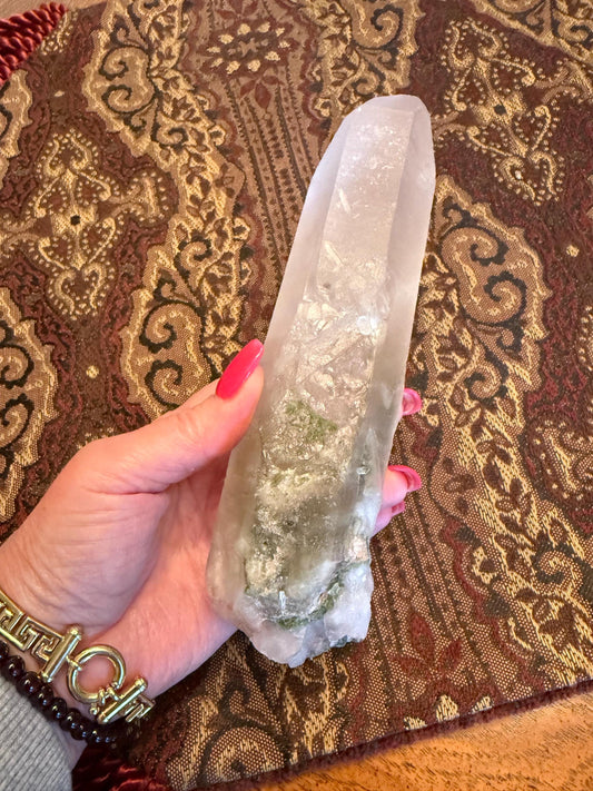 Strawberry Pink Mint Lemurian Crown Wand, new, high quality, striations, crystal healing, 7”, hematite, chlorite premium