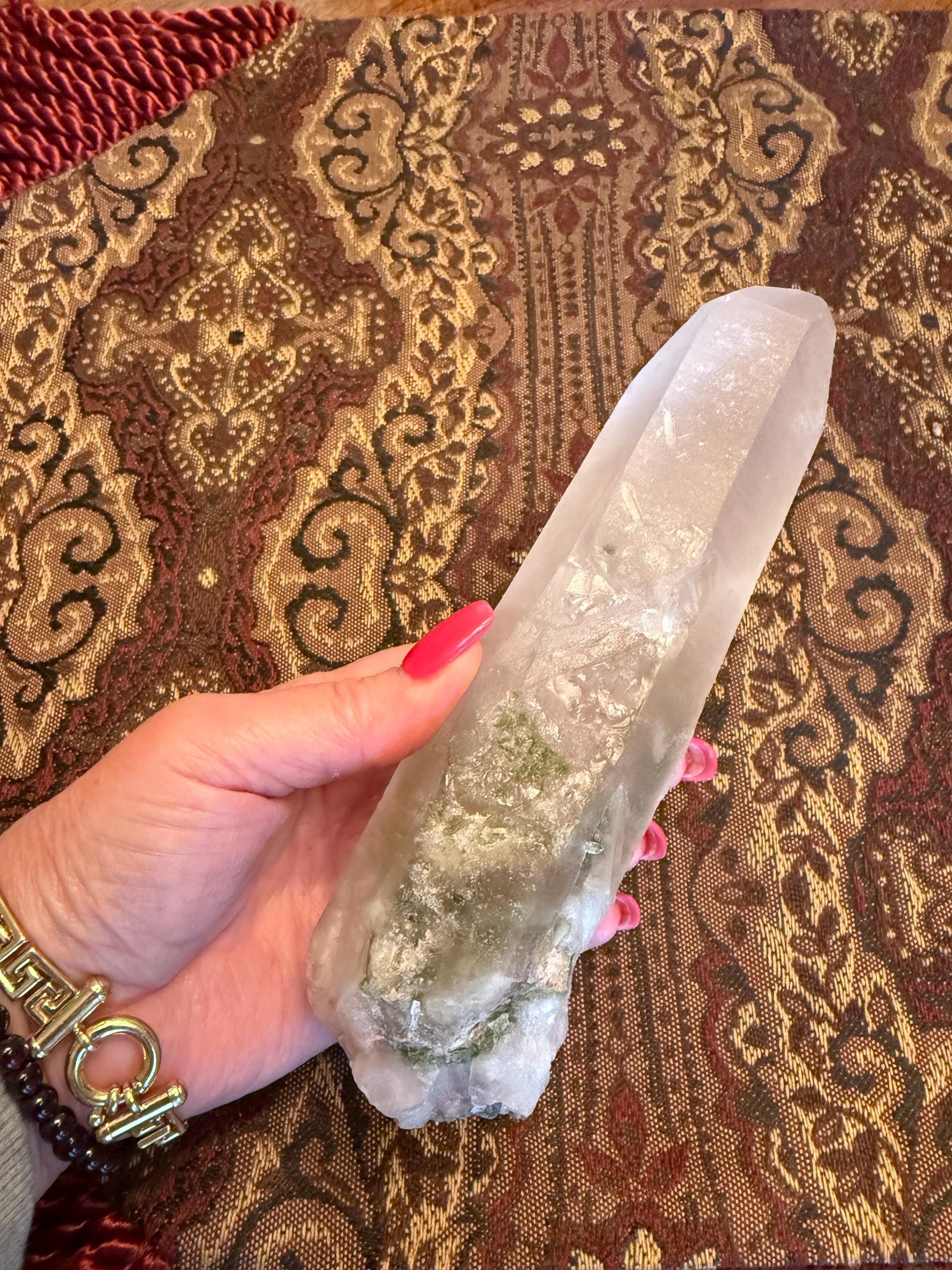 Strawberry Pink Mint Lemurian Crown Wand, new, high quality, striations, crystal healing, 7”, hematite, chlorite premium