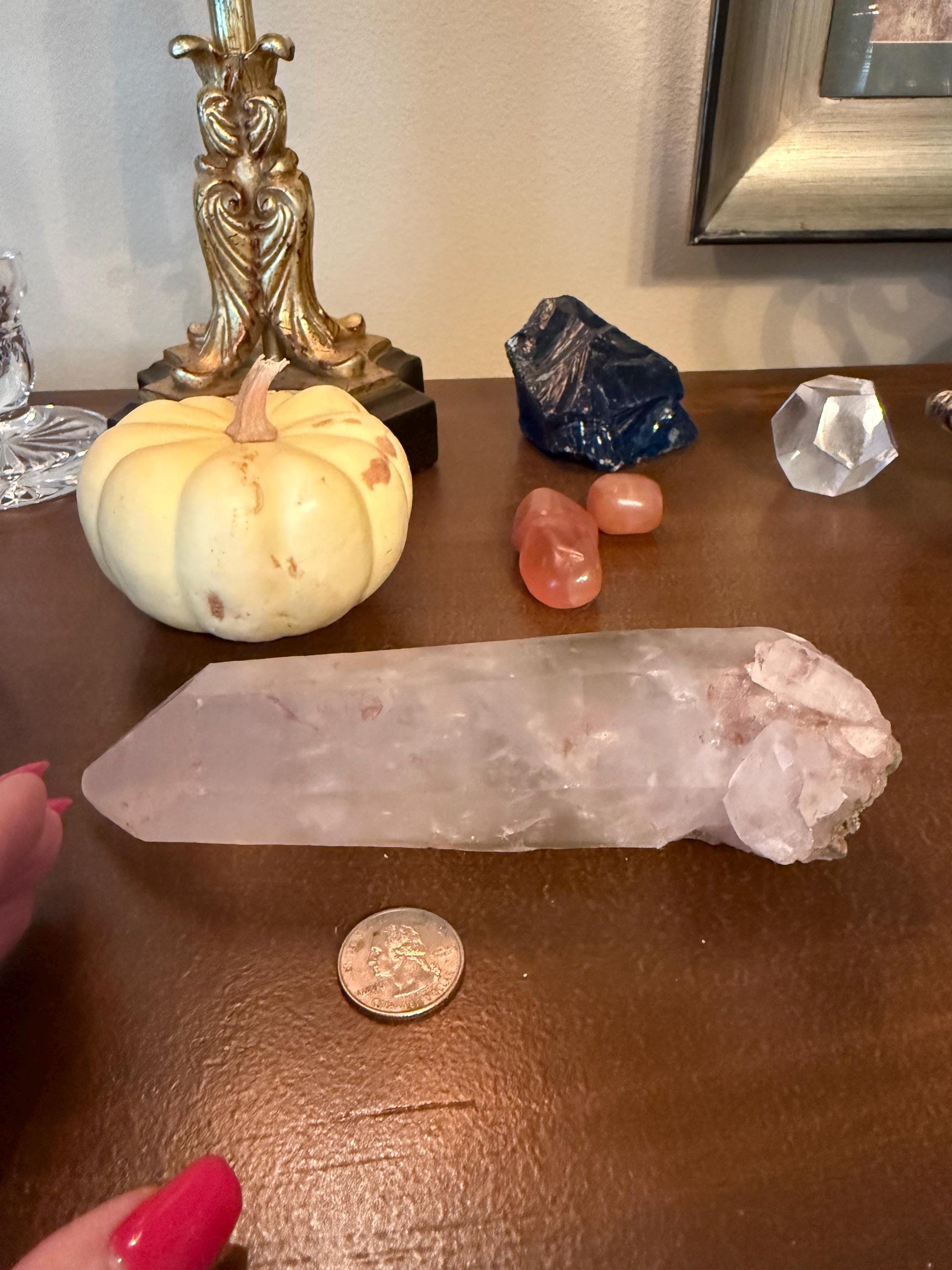 Strawberry Pink Mint Lemurian Crown Wand, new, high quality, striations, crystal healing, 7”, hematite, chlorite premium