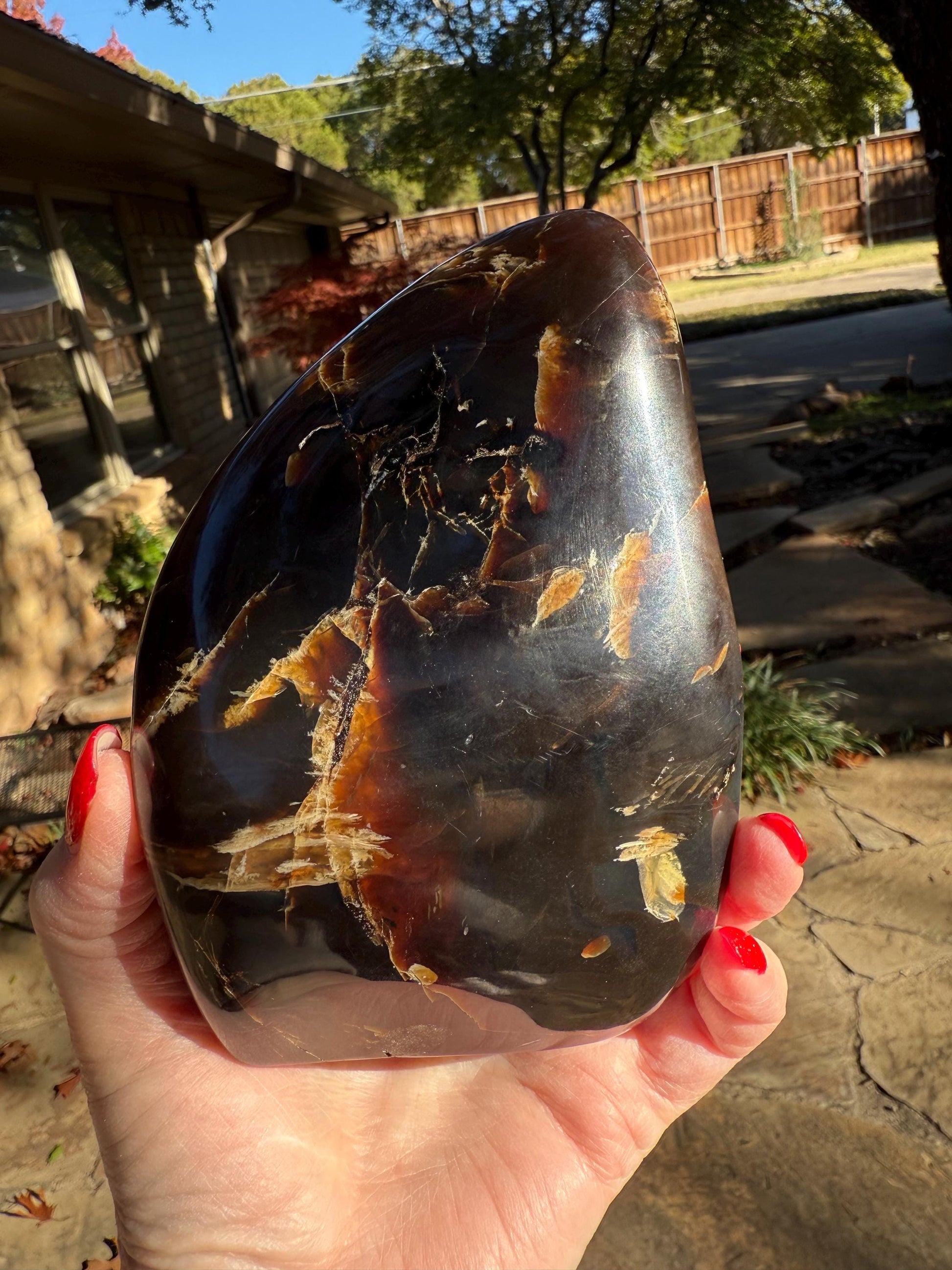 Large amber polished chunk, New, altar, gift, high vibration crystals, natural, crystal healing, 15 ounces, 5.75”, statement piece