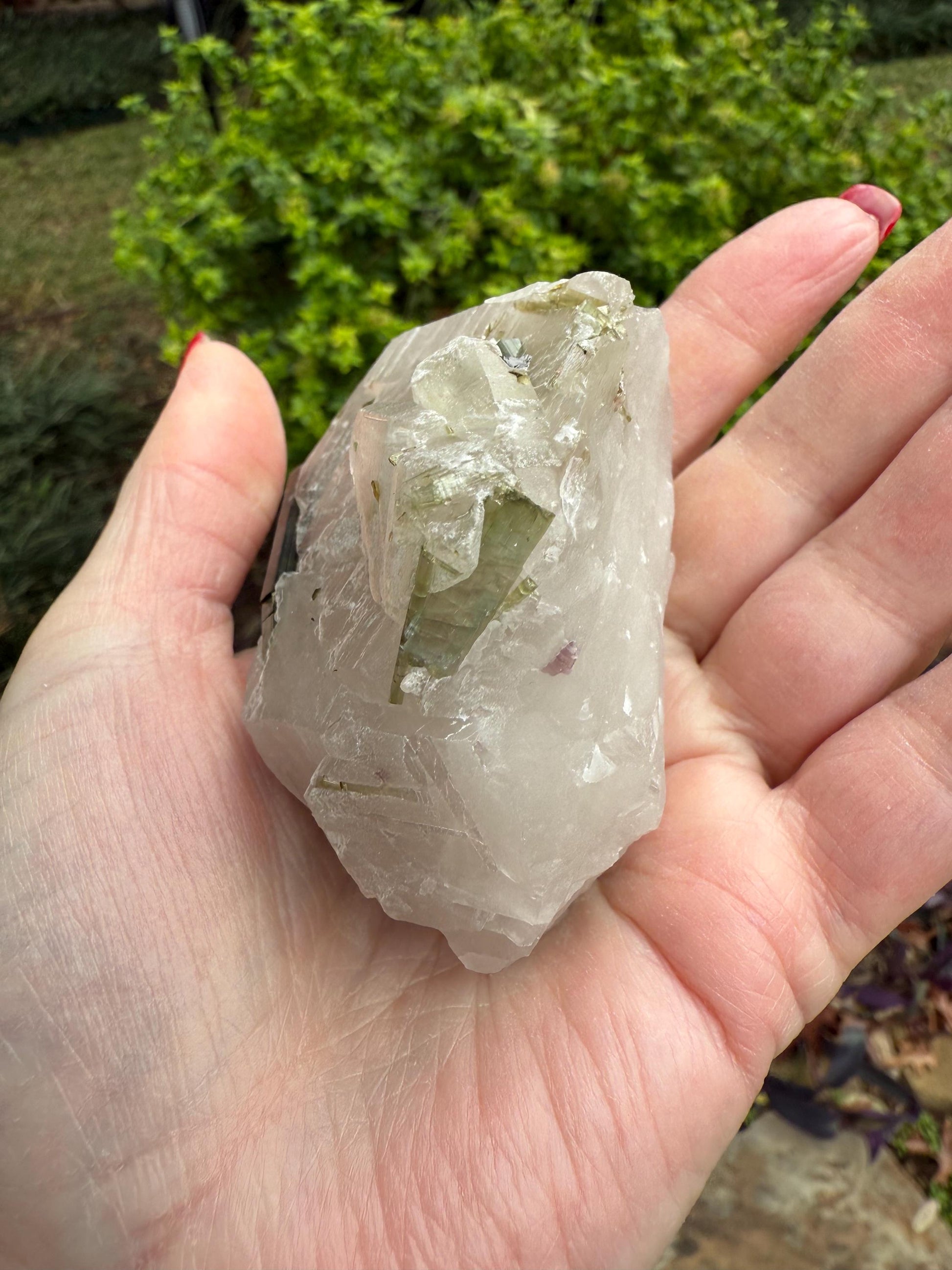 Large Green Tourmaline in Quartz with inner rod, stunning raw altar piece 7 oz, high vibration crystals, 3”