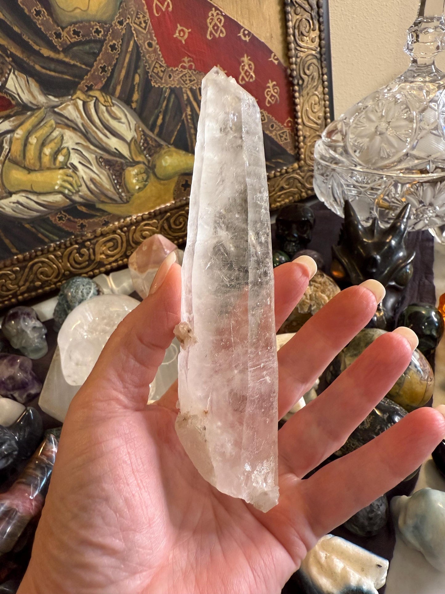 Laser Sugared Lemurian Wand 6”, crown bottom, New, gift, altar, high vibration crystals