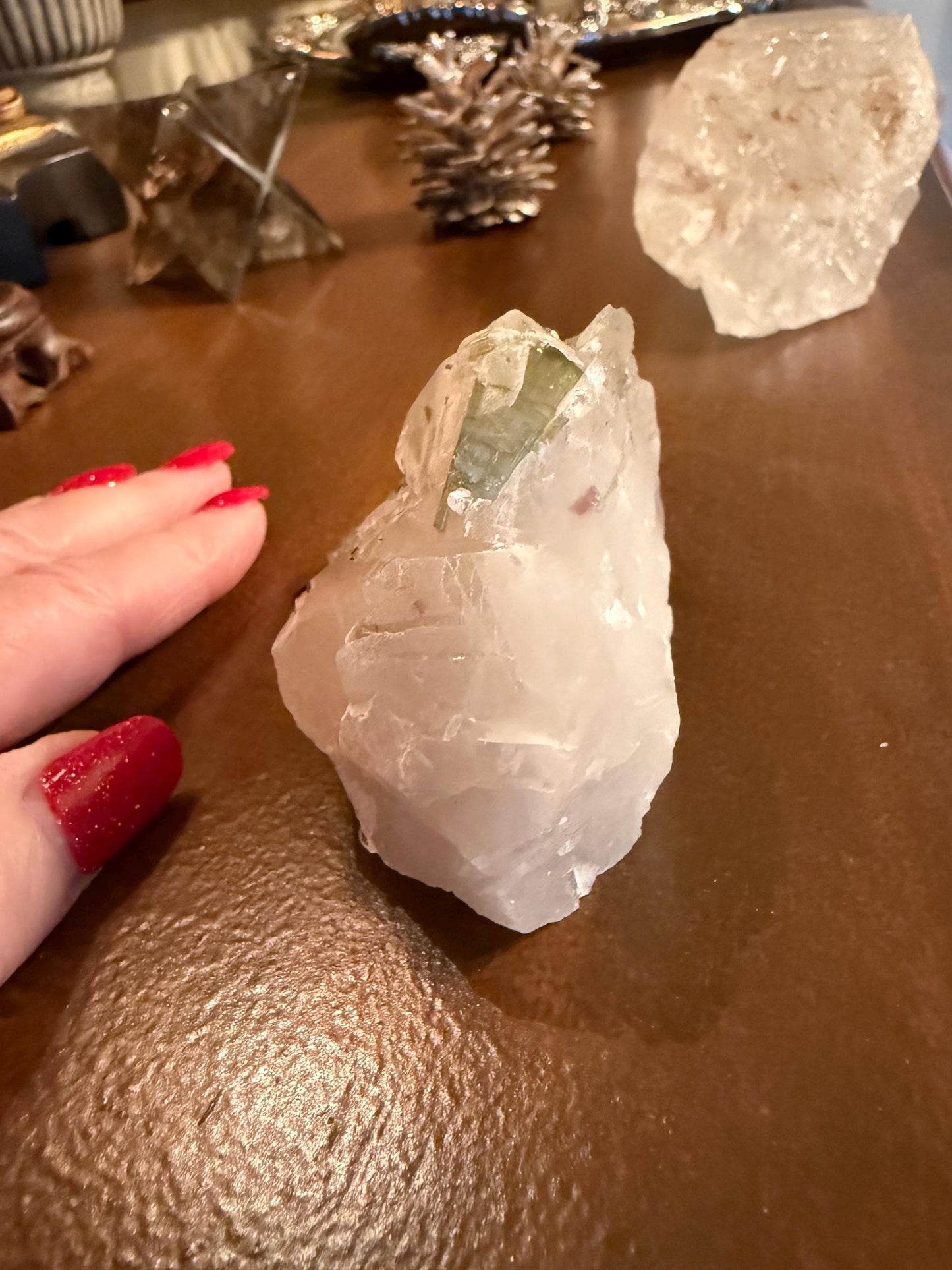 Large Green Tourmaline in Quartz with inner rod, stunning raw altar piece 7 oz, high vibration crystals, 3”