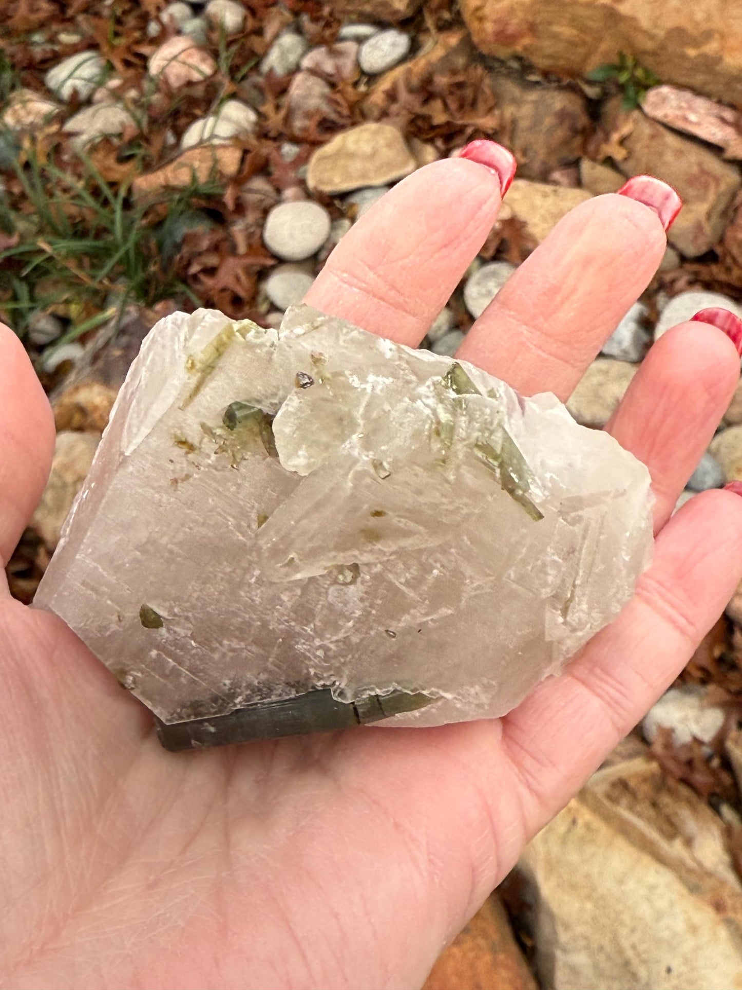 Large Green Tourmaline in Quartz with inner rod, stunning raw altar piece 7 oz, high vibration crystals, 3”