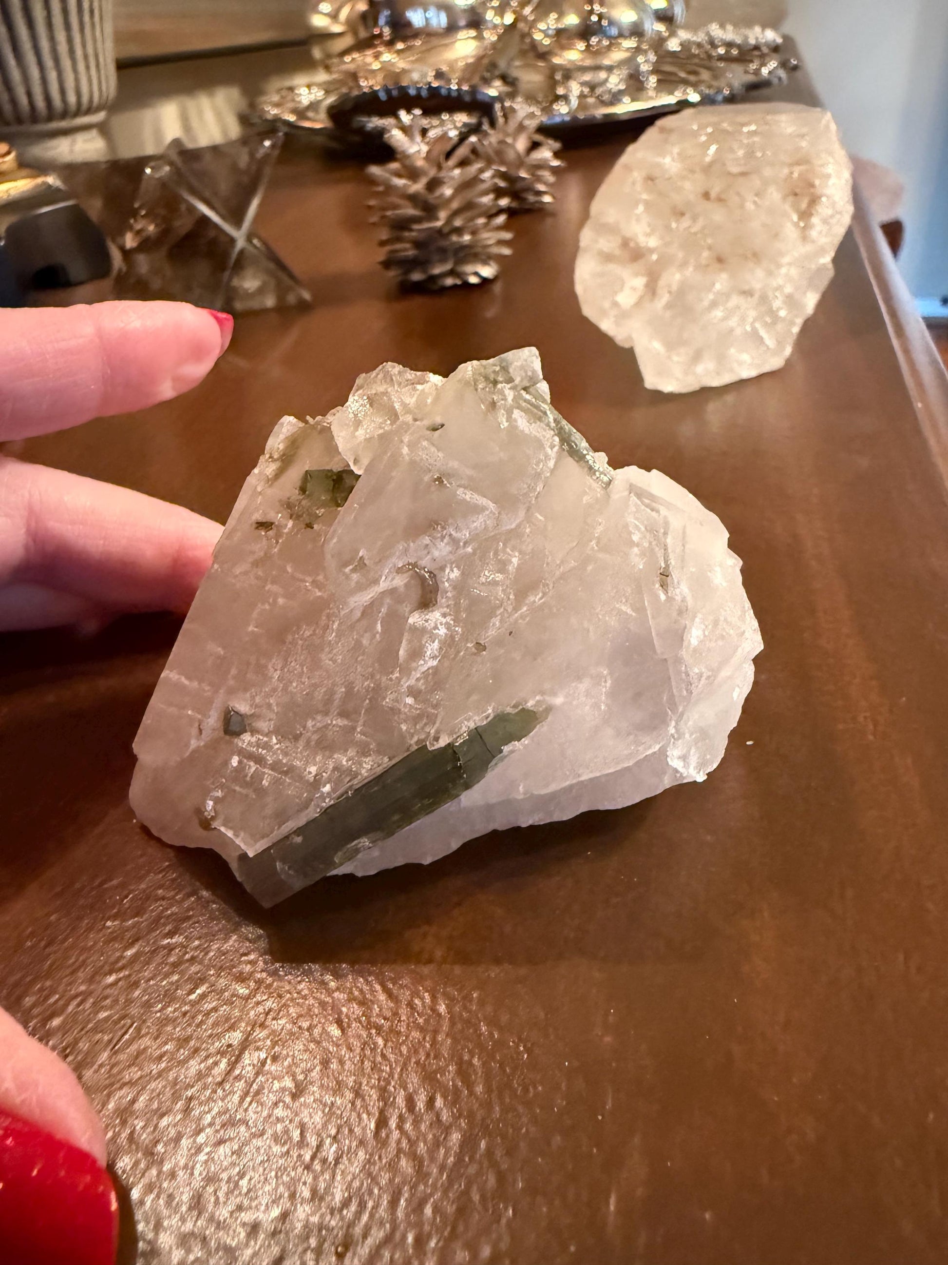 Large Green Tourmaline in Quartz with inner rod, stunning raw altar piece 7 oz, high vibration crystals, 3”