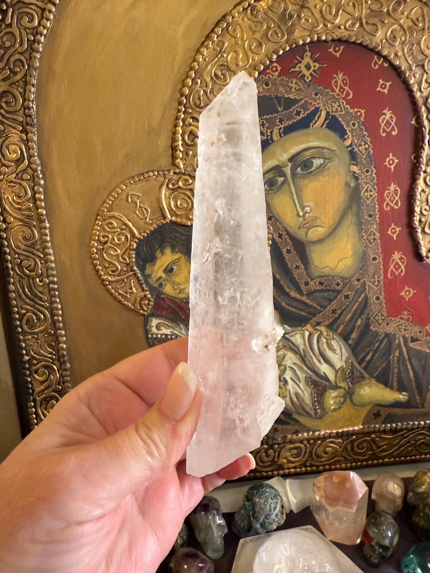 Laser Sugared Lemurian Wand 6”, crown bottom, New, gift, altar, high vibration crystals