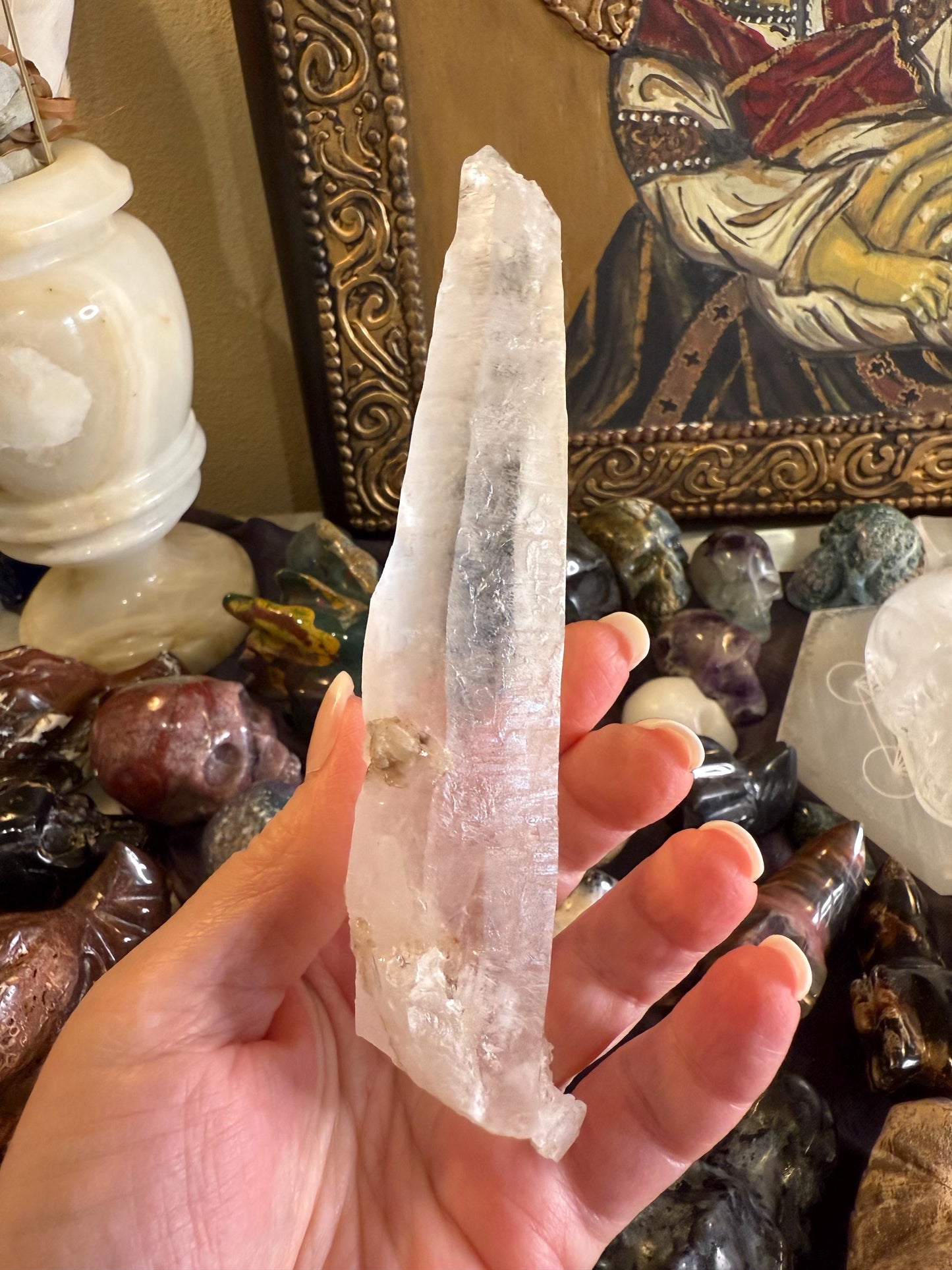 Laser Sugared Lemurian Wand 6”, crown bottom, New, gift, altar, high vibration crystals