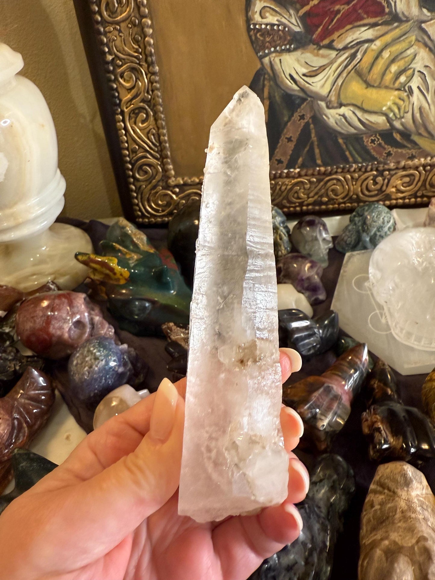 Laser Sugared Lemurian Wand 6”, crown bottom, New, gift, altar, high vibration crystals